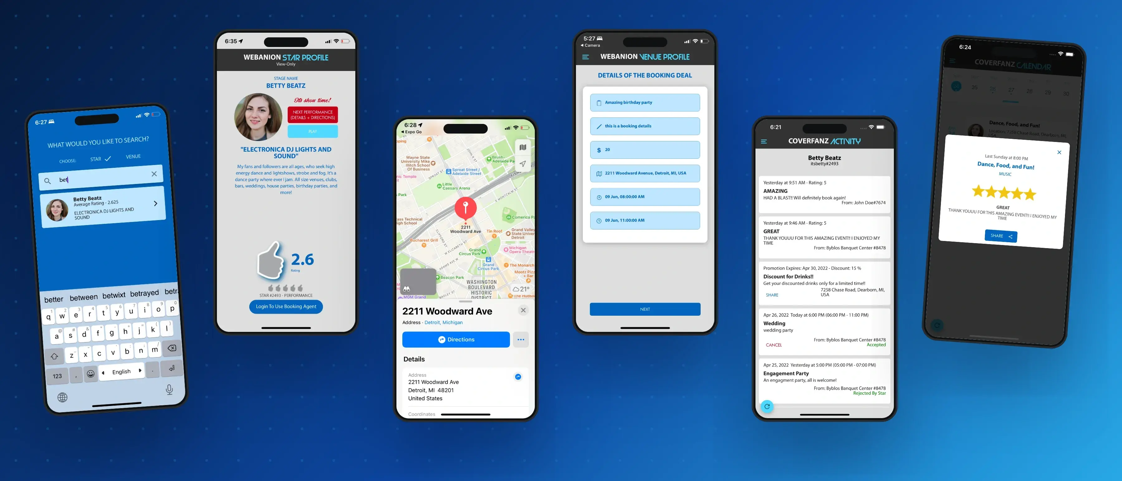 CoverFanz app: map, performer profile and booking
