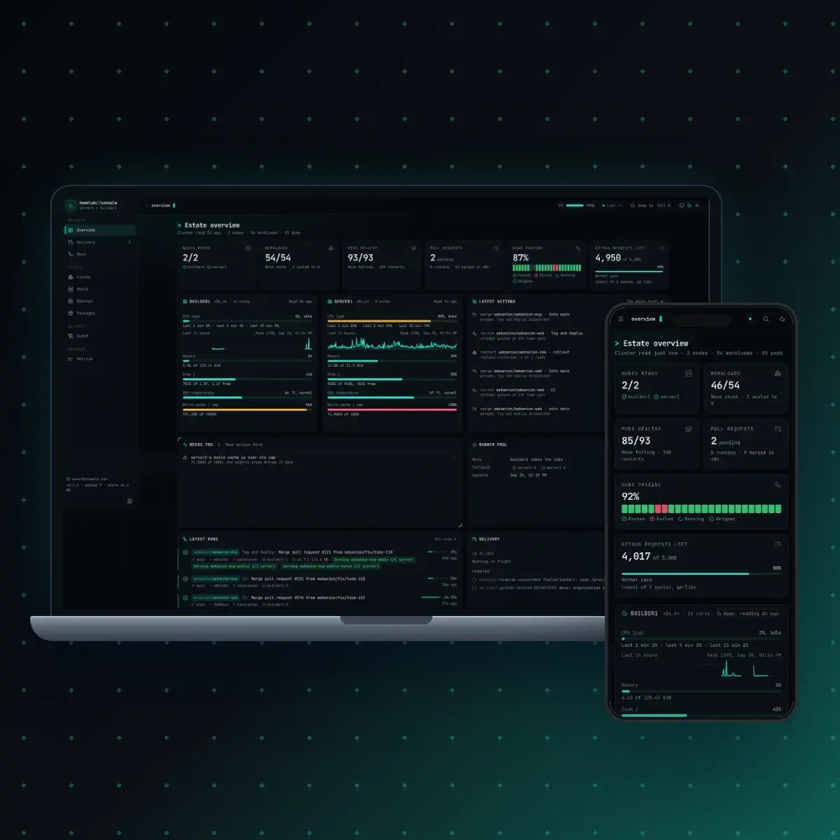The homelab console on a laptop and a phone
