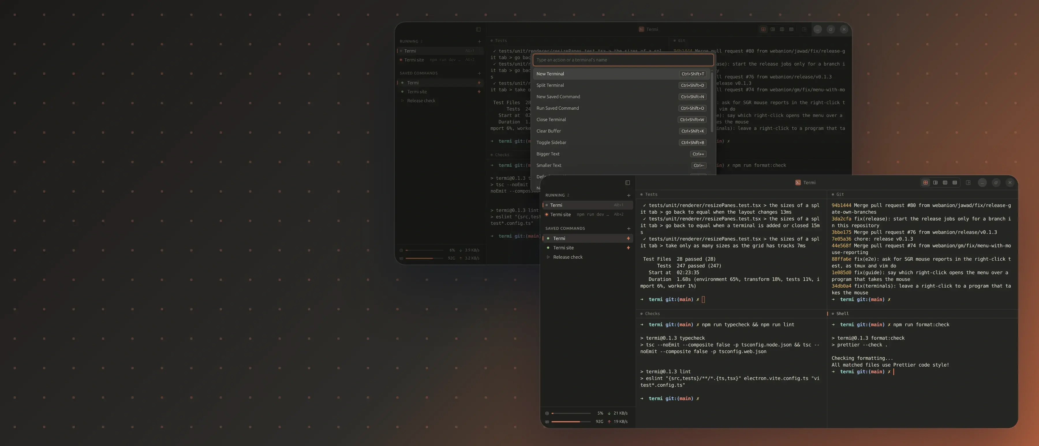Termi, saved commands and a grid of terminals