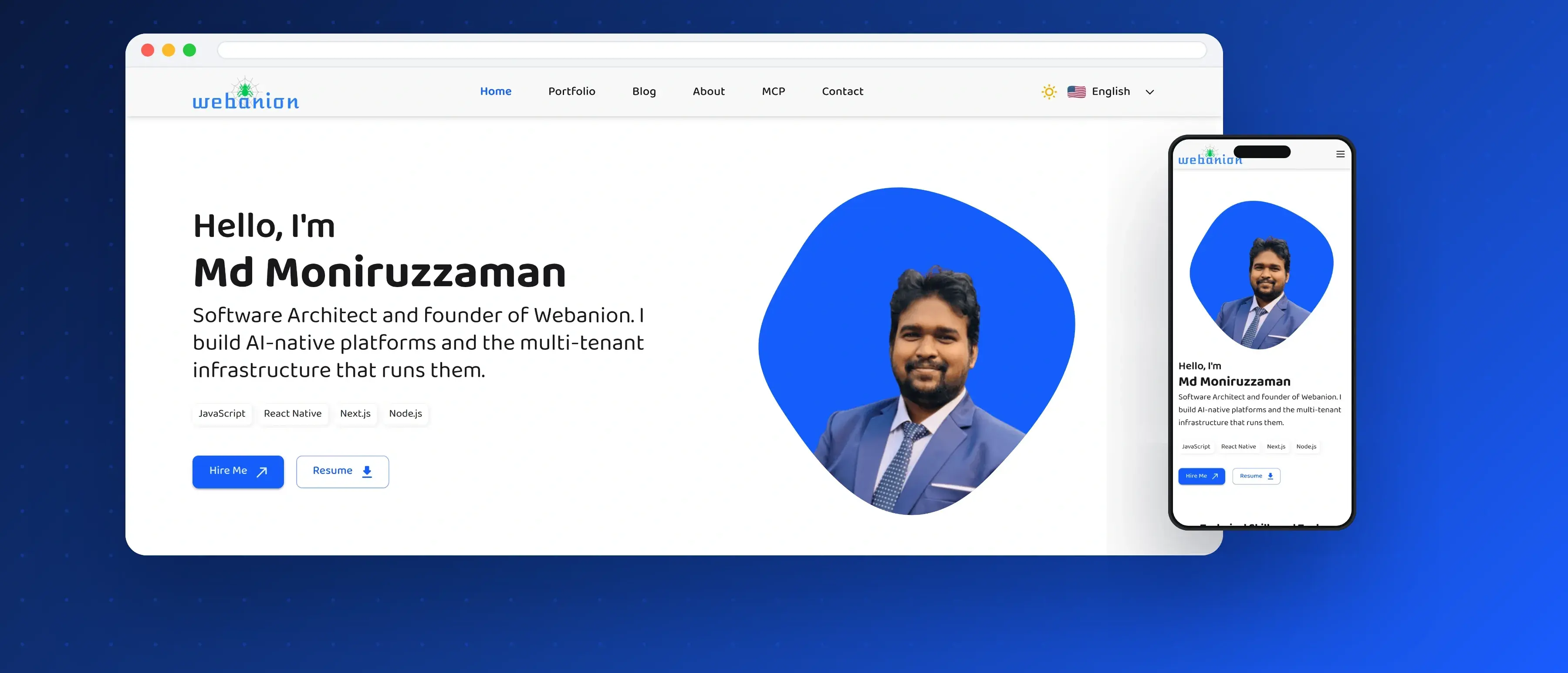 The webanion.com home page hero in English