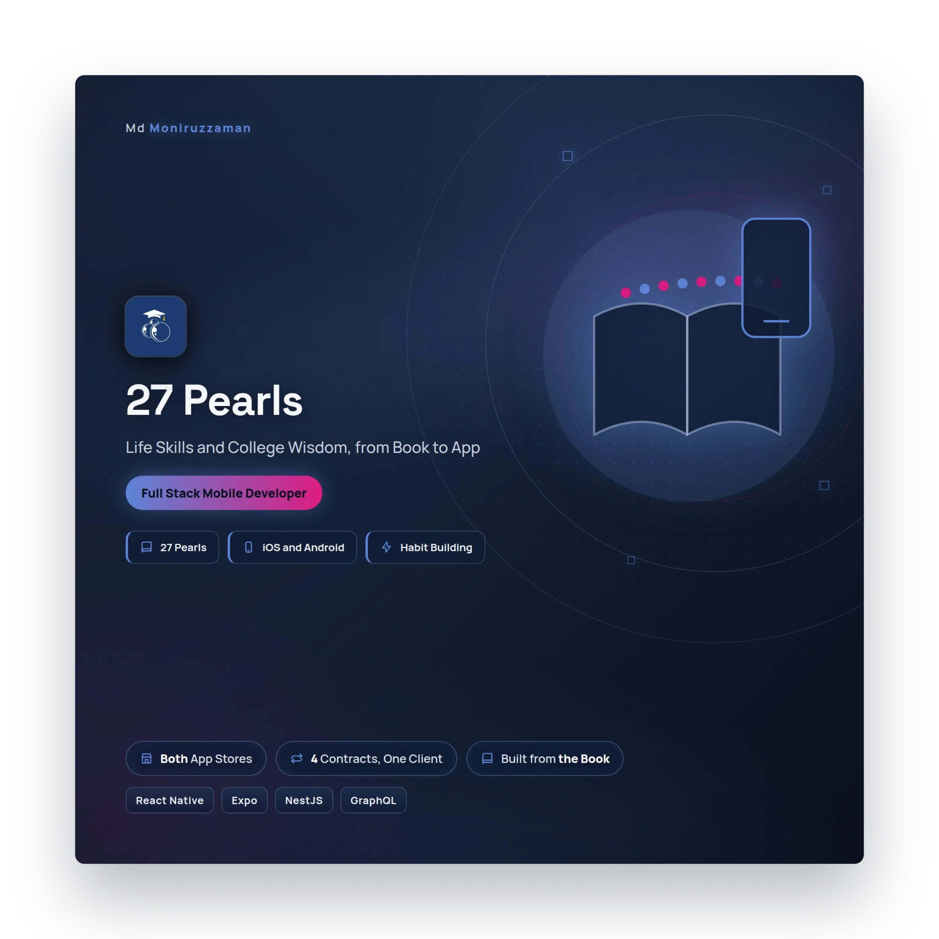 27 Pearls from book to app: both app stores, four contracts with one client, built from the book