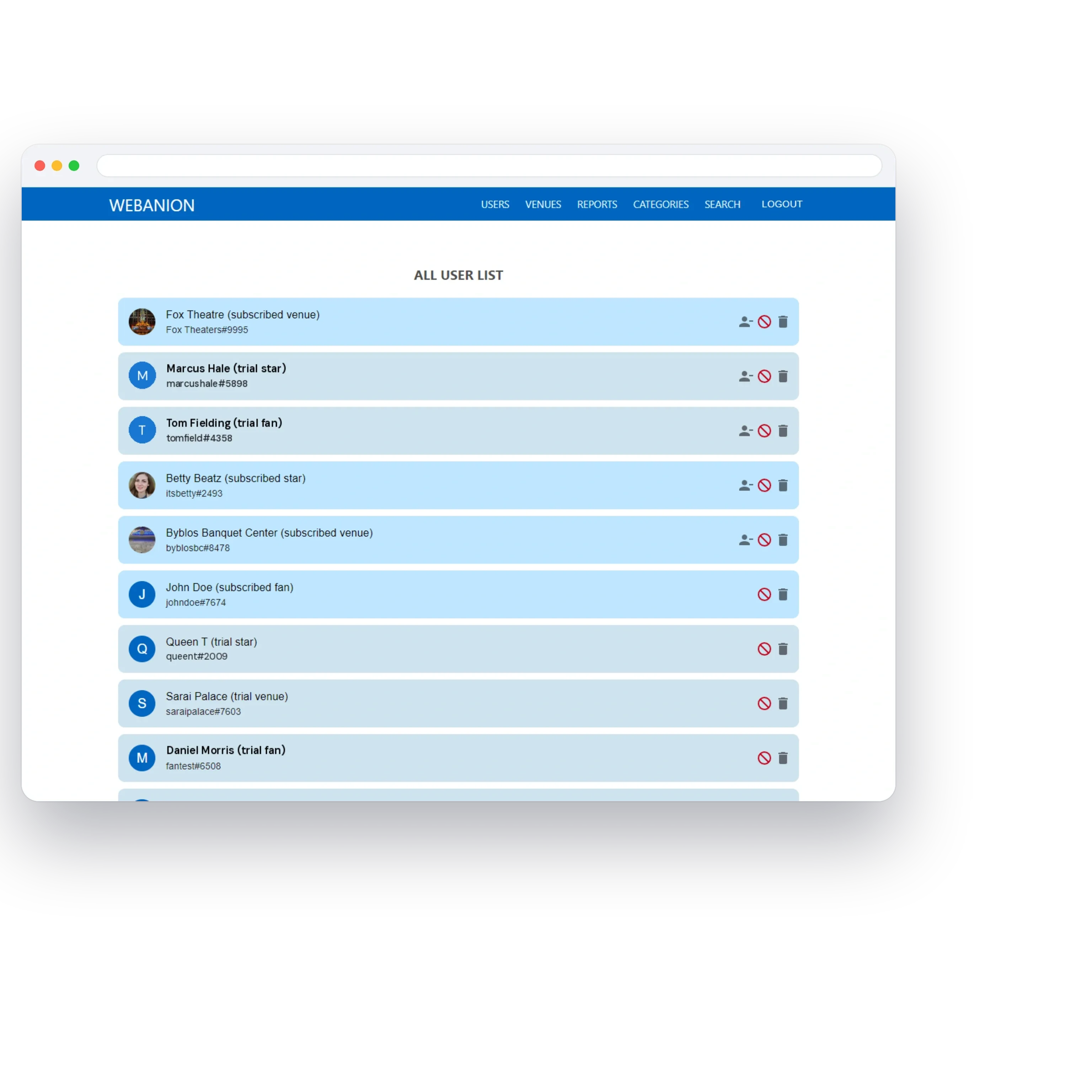 The admin list of every fan, performer and venue with trial or subscribed status and actions per row
