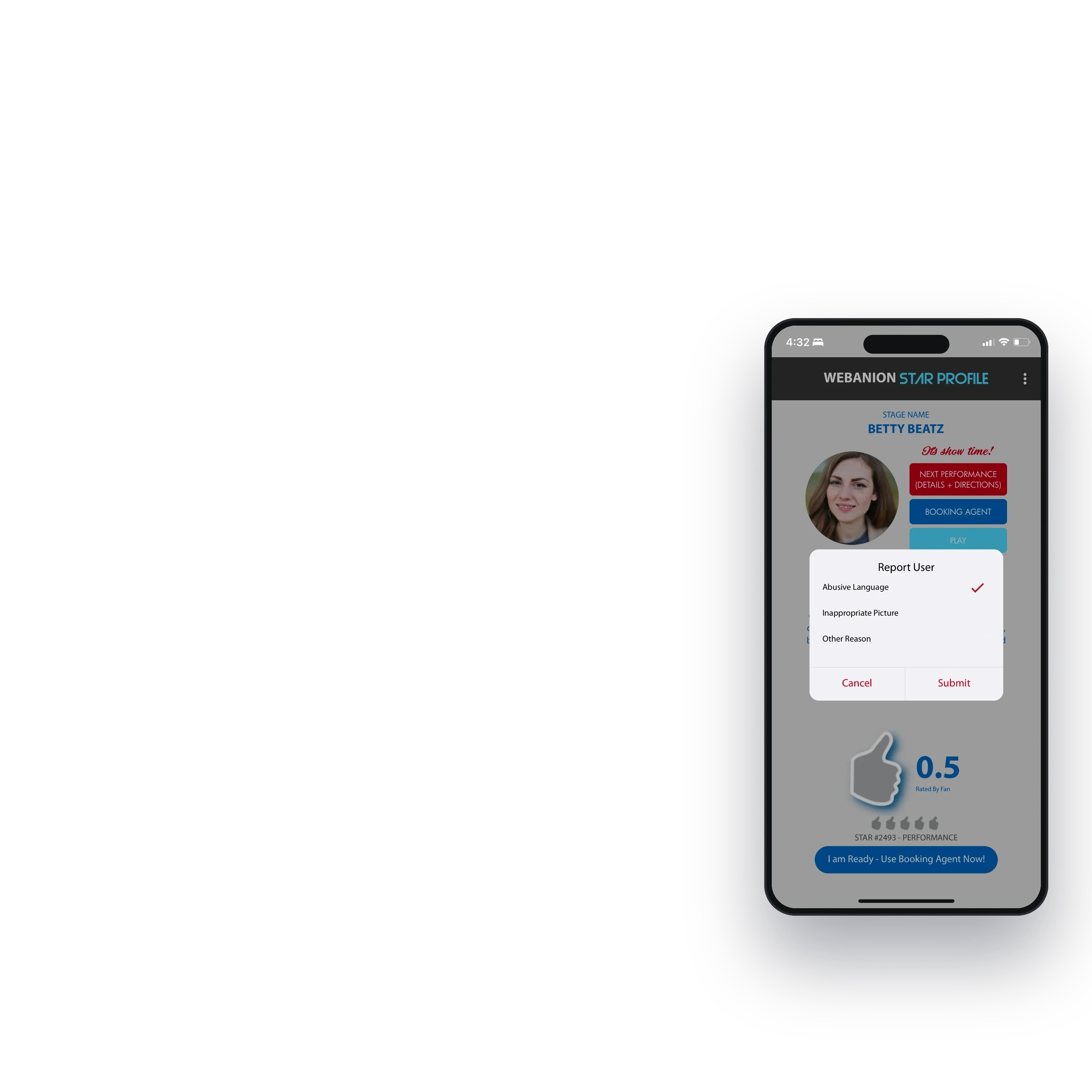 The report dialog on a performer profile in the app: abusive language, an inappropriate picture or another reason