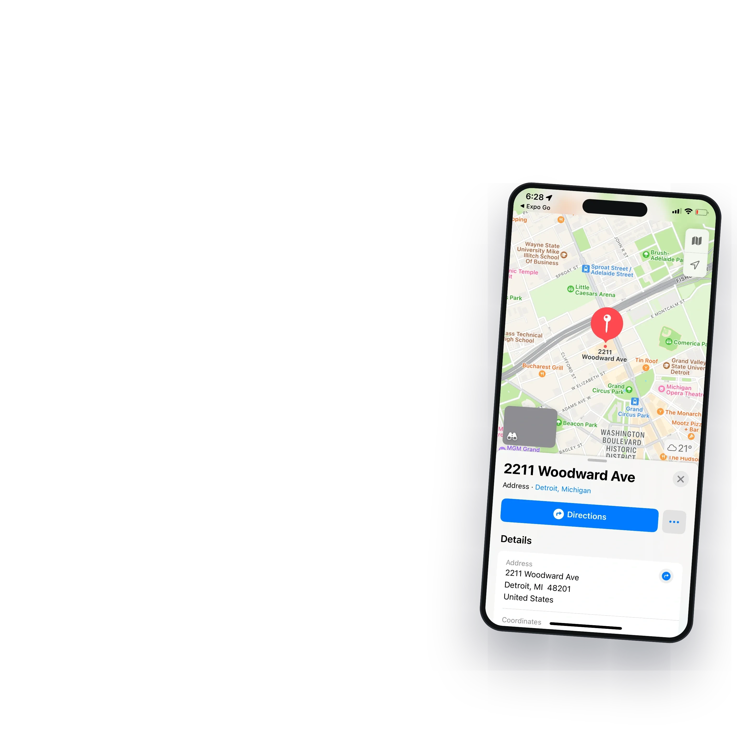 The venue of the next performance on the map, with directions
