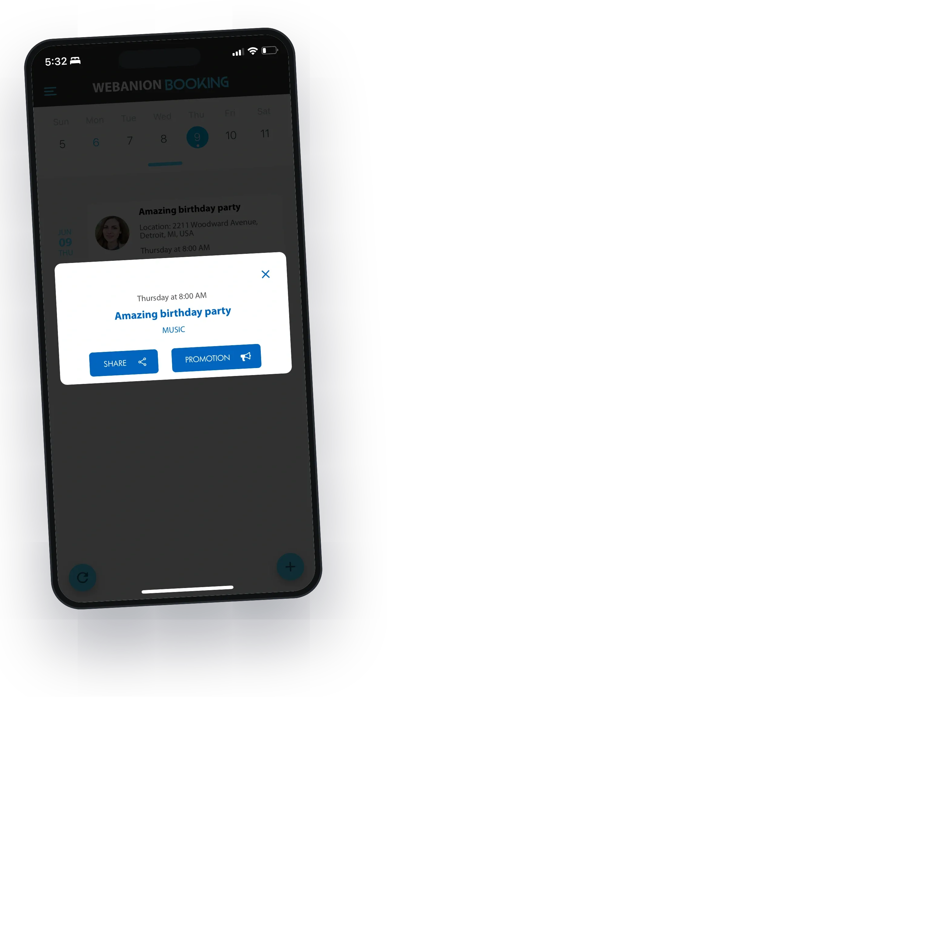 A confirmed booking with share and promotion buttons