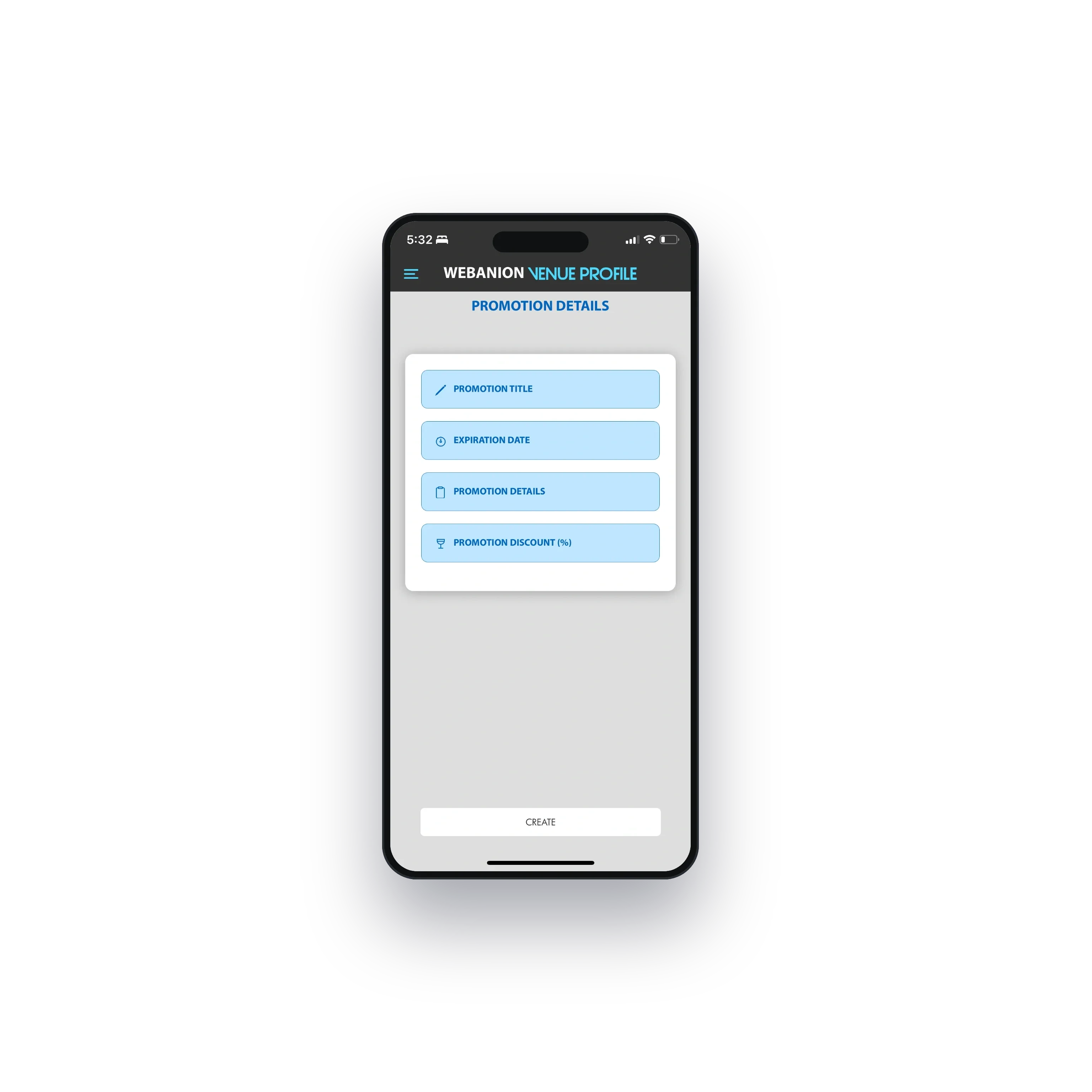 The promotion form: title, expiry, details and discount