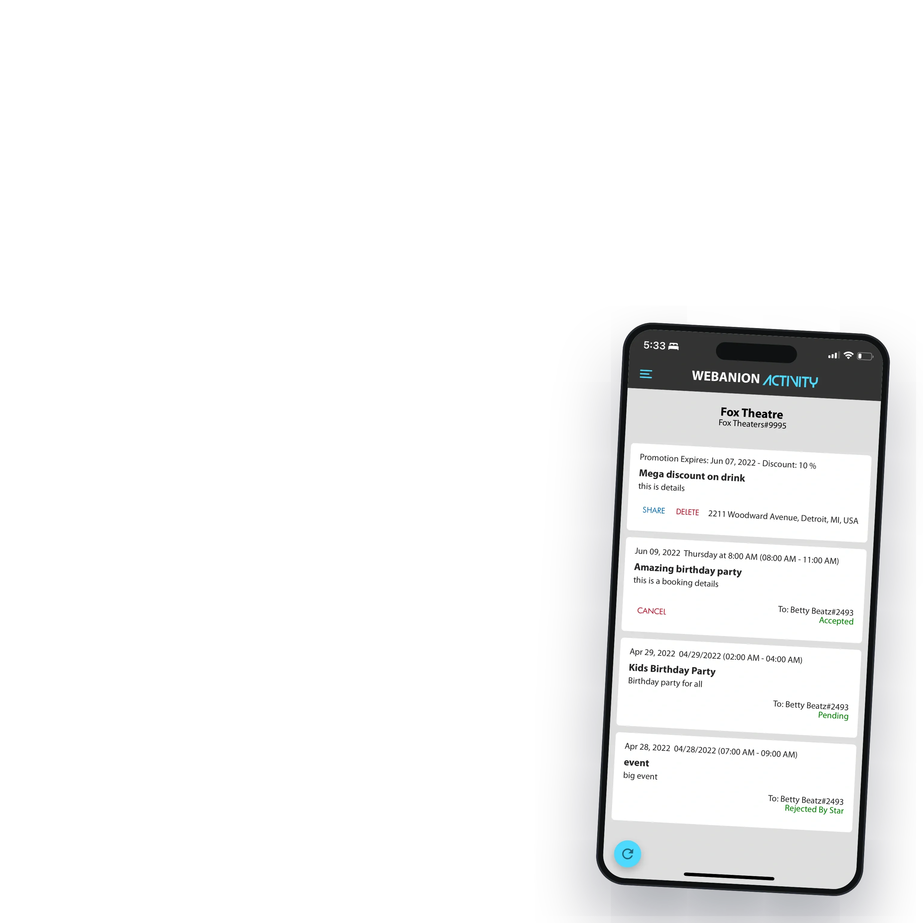The promotion live in the venue activity feed with a share button