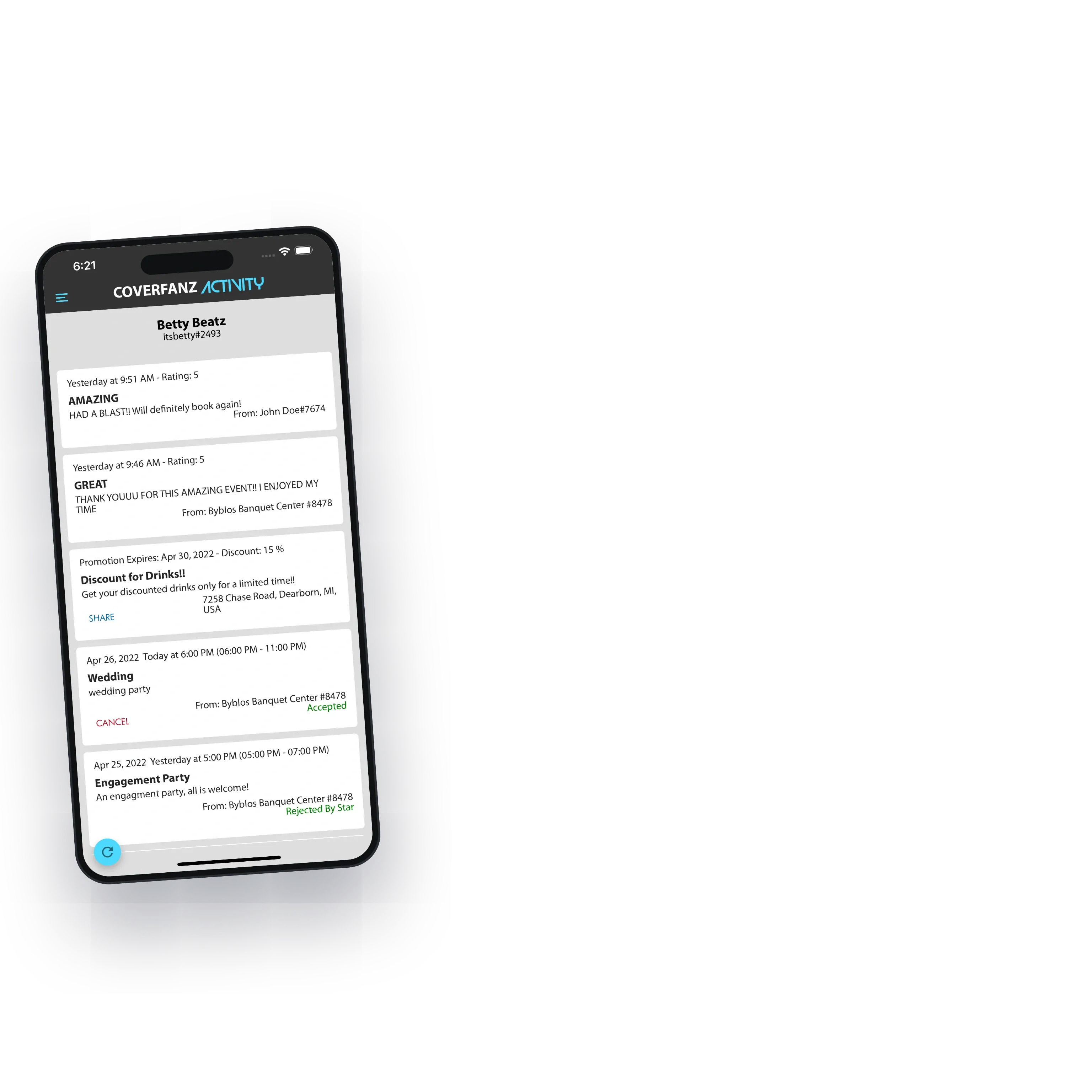 Reviews from fans and venues in the performer's activity feed