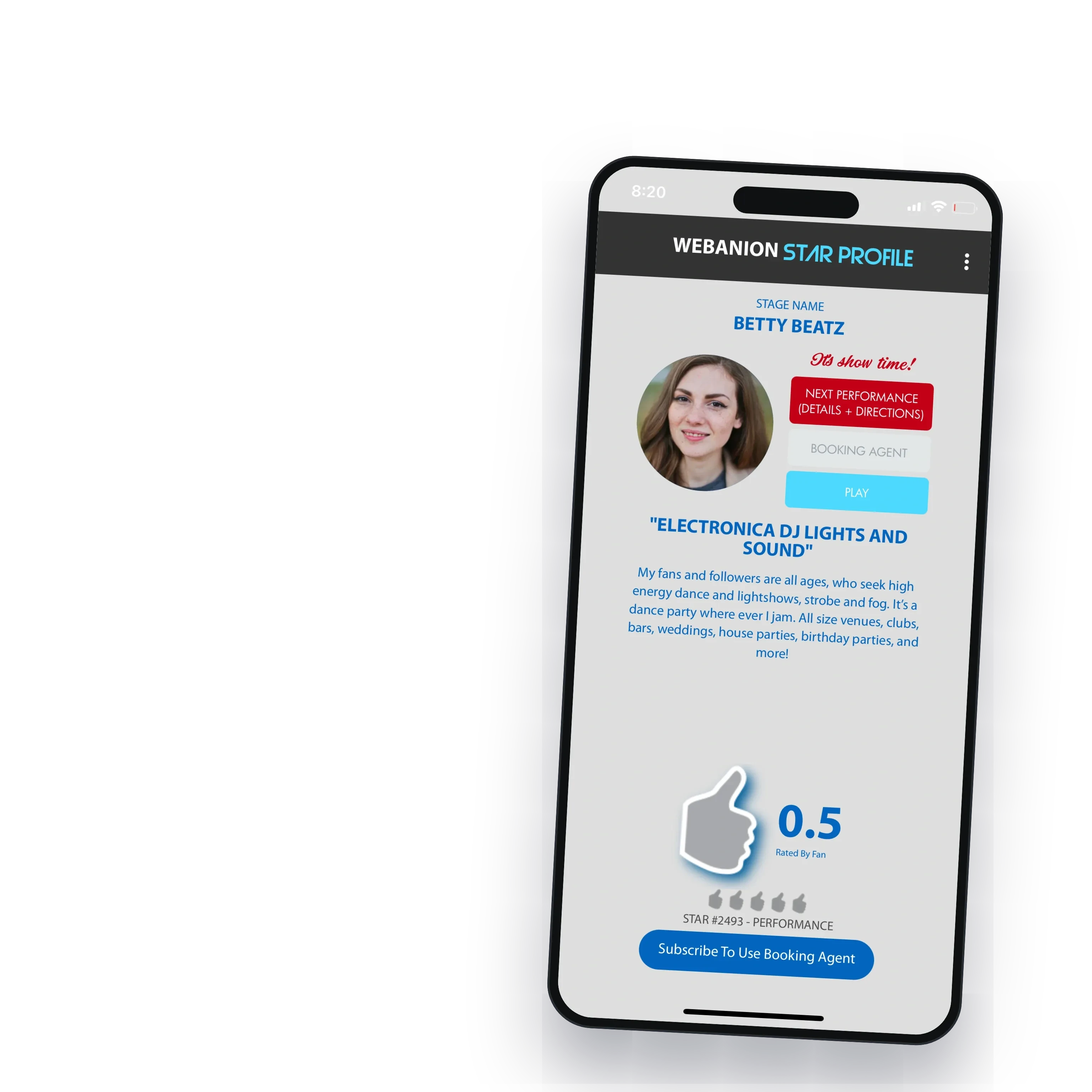 A performer profile asking the visitor to subscribe to use the booking agent