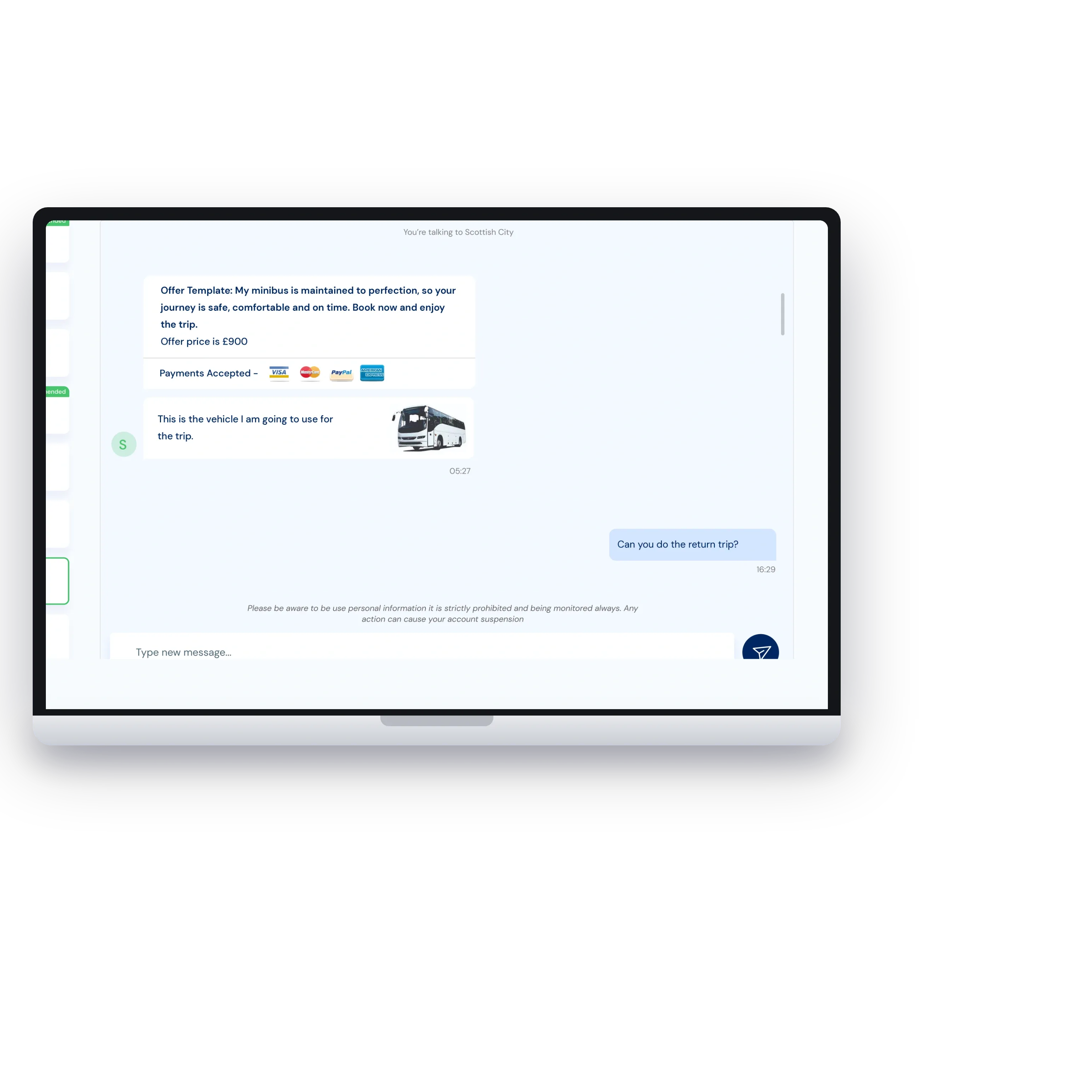 The customer side of the chat in the browser on a laptop