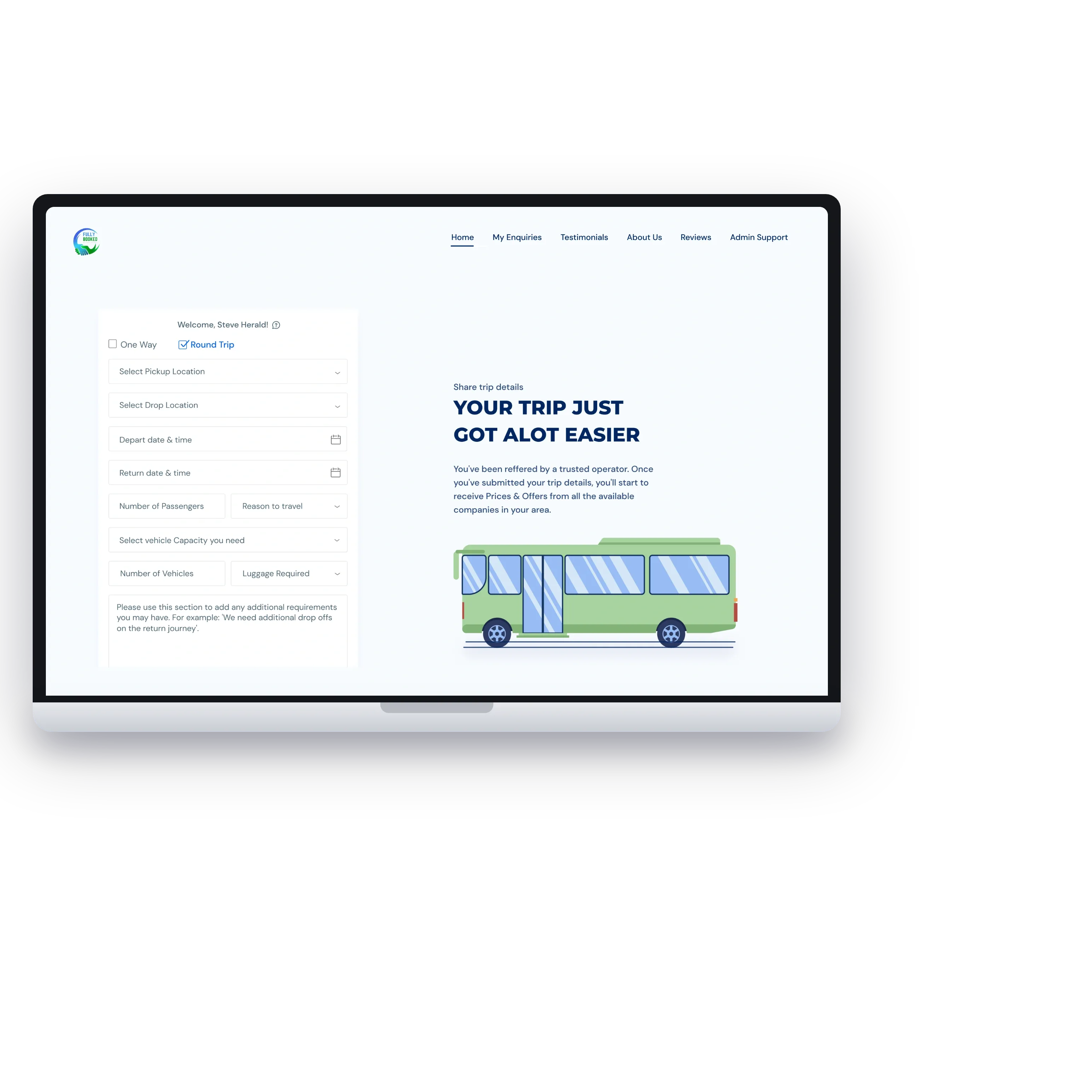 The enquiry form on a laptop: route, dates, passengers, vehicle size, number of vehicles, luggage and reason for travel
