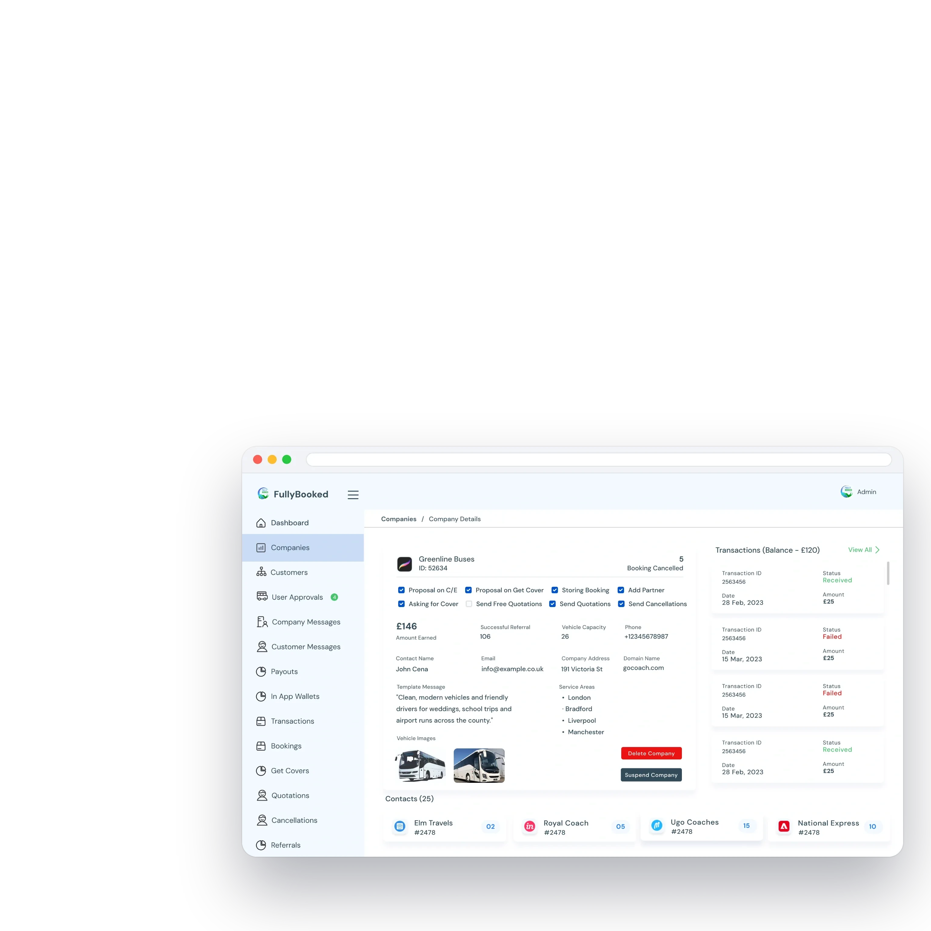 One operator's file: permission switches, earnings, service areas, template, vehicle photos and transactions