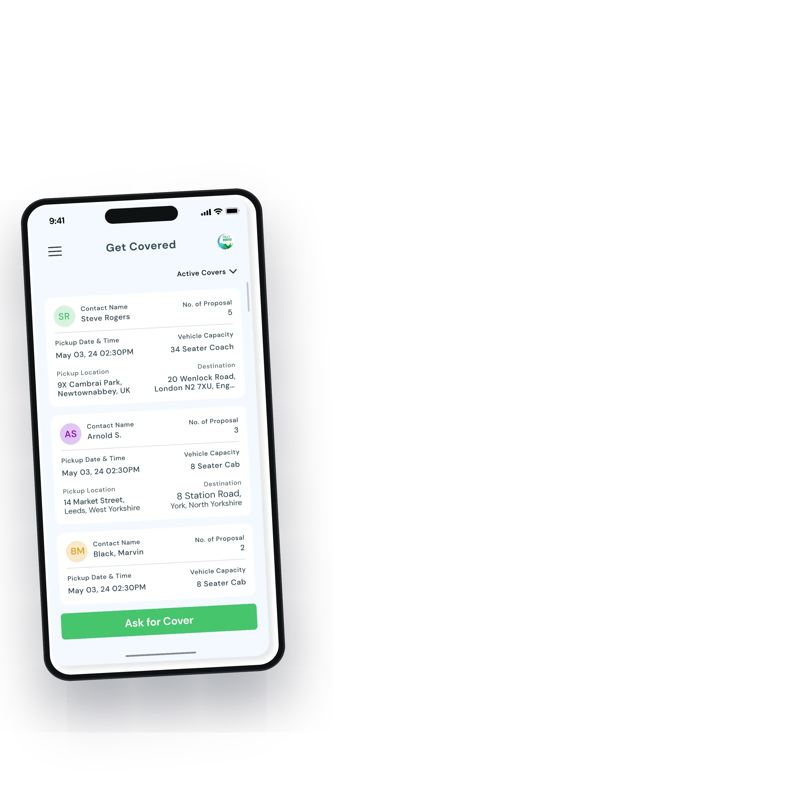 Active covers: trips an operator has put out to partners and the network, with the number of proposals
