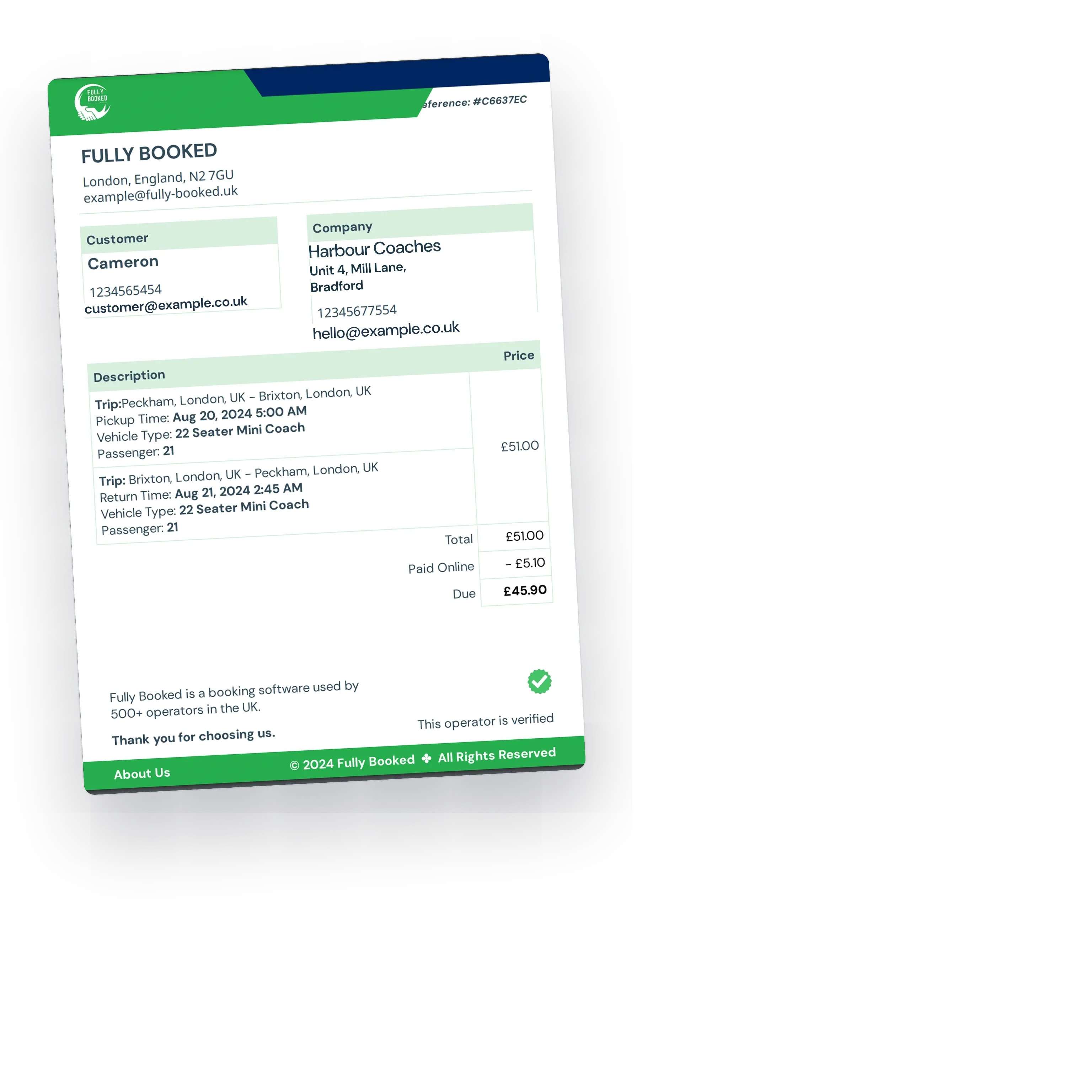 The invoice the customer receives: total, paid online and due on the day