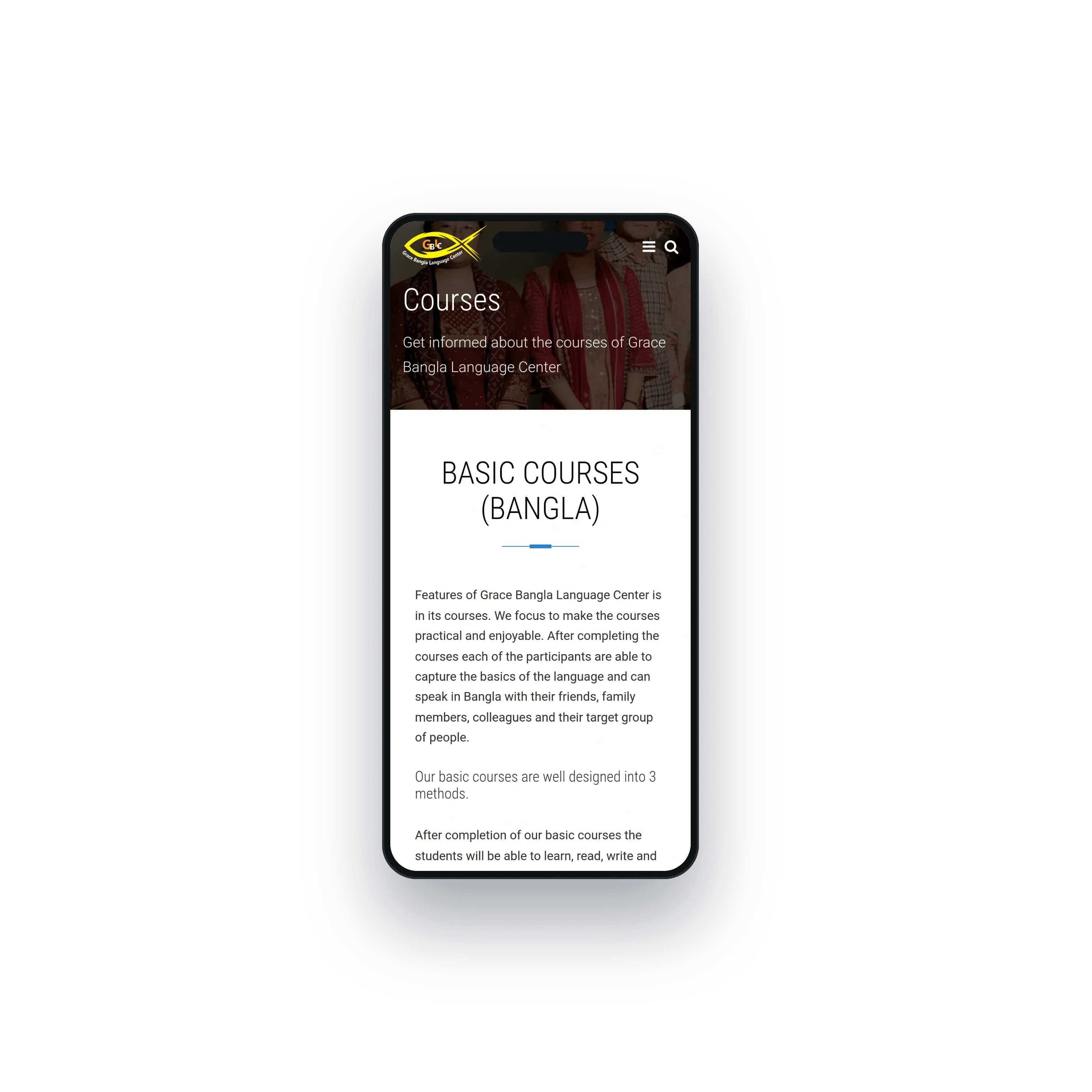 The courses page at phone width