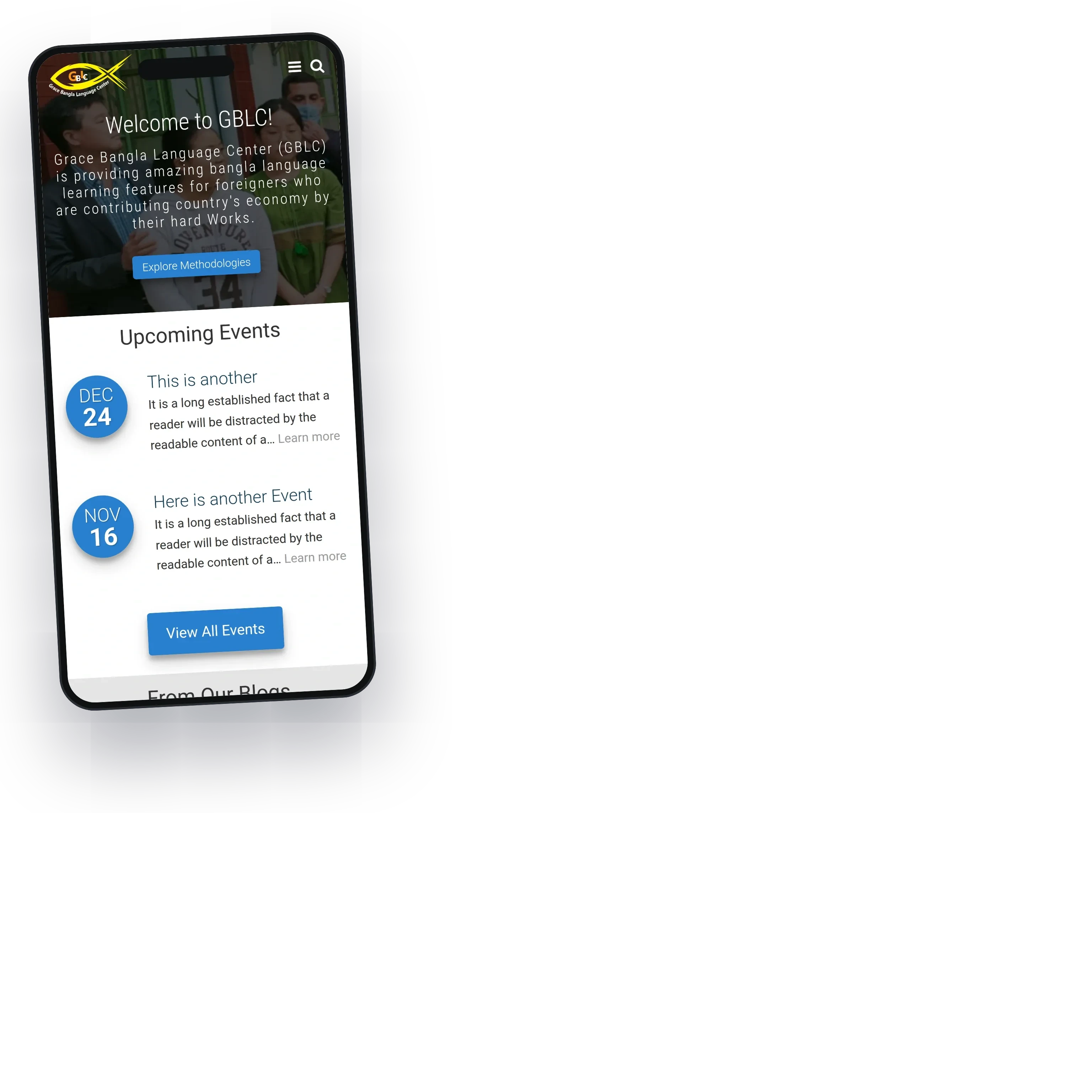 The Grace Bangla welcome page at phone width