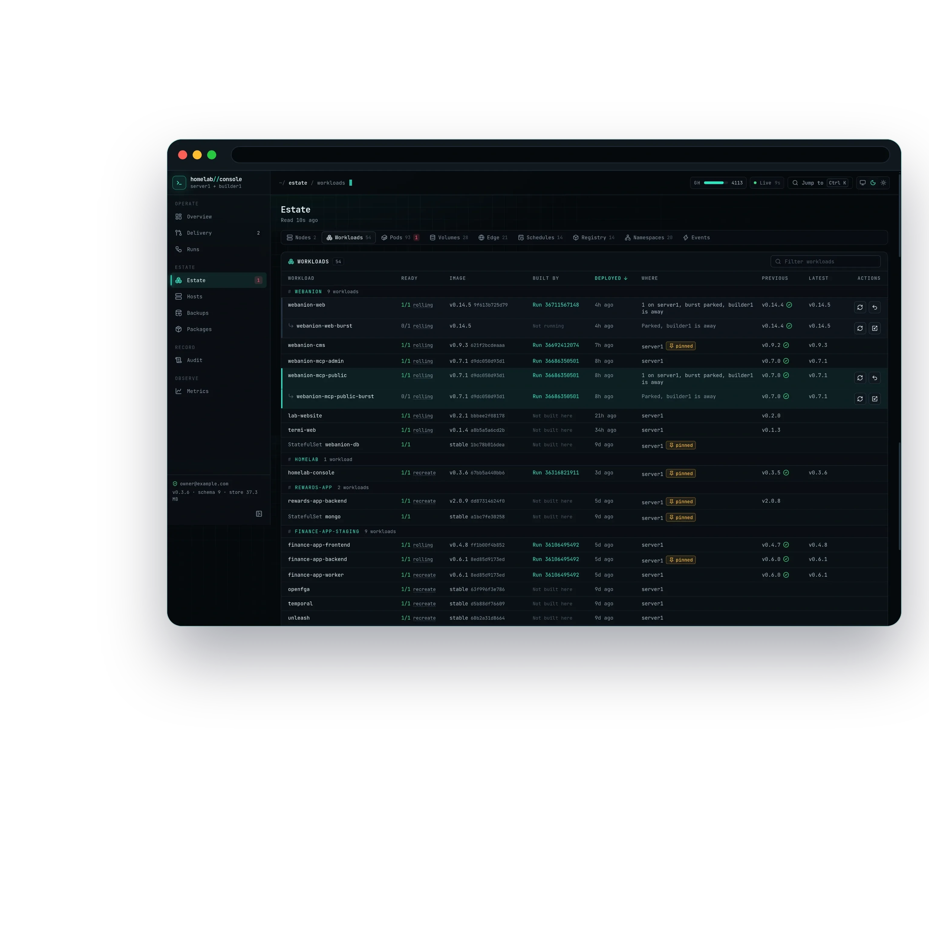 The Workloads tab while the build machine was away: the website and the public MCP server served by one copy on the always-on server, their second copies parked, the CMS, the console and the databases pinned, and each row with its run, version and place