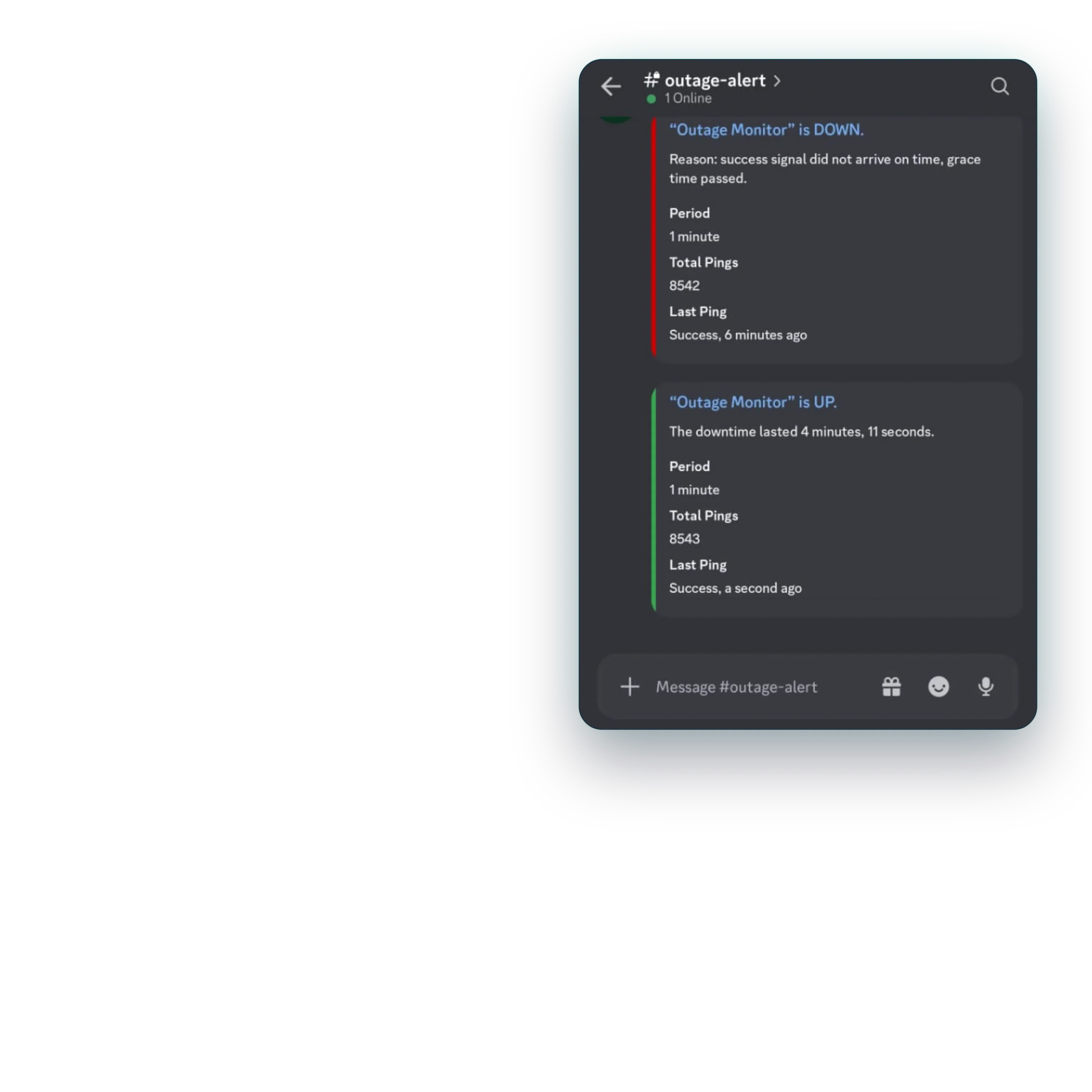 A Discord channel on a phone with the same event: the outage monitor reported down when its success signal missed the grace time, then up again, the downtime four minutes and eleven seconds