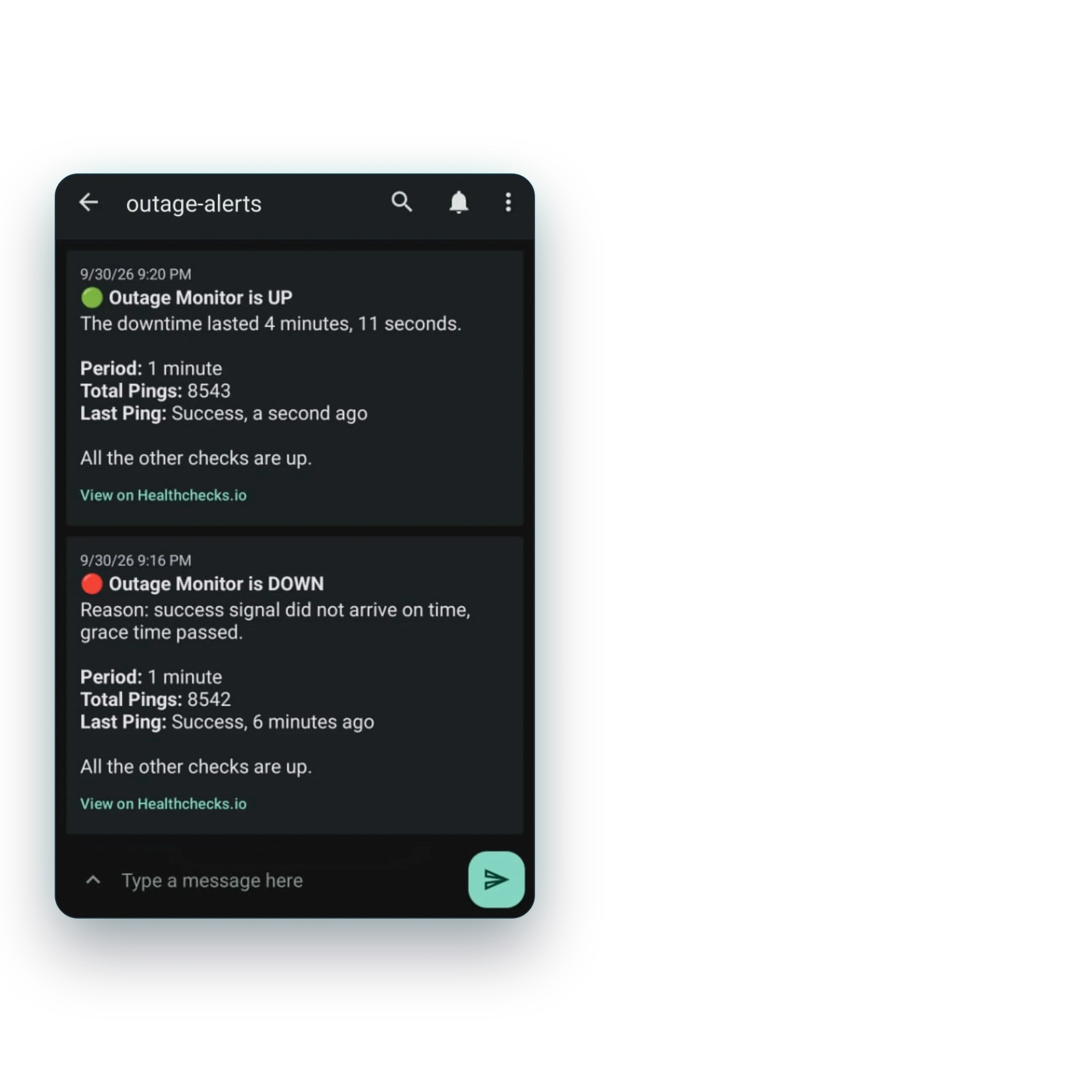 ntfy push notifications on a phone: the outage monitor's watcher reports it down at 9:16 PM on 30 September, its success signal past the grace time, then up at 9:20 PM after four minutes and eleven seconds