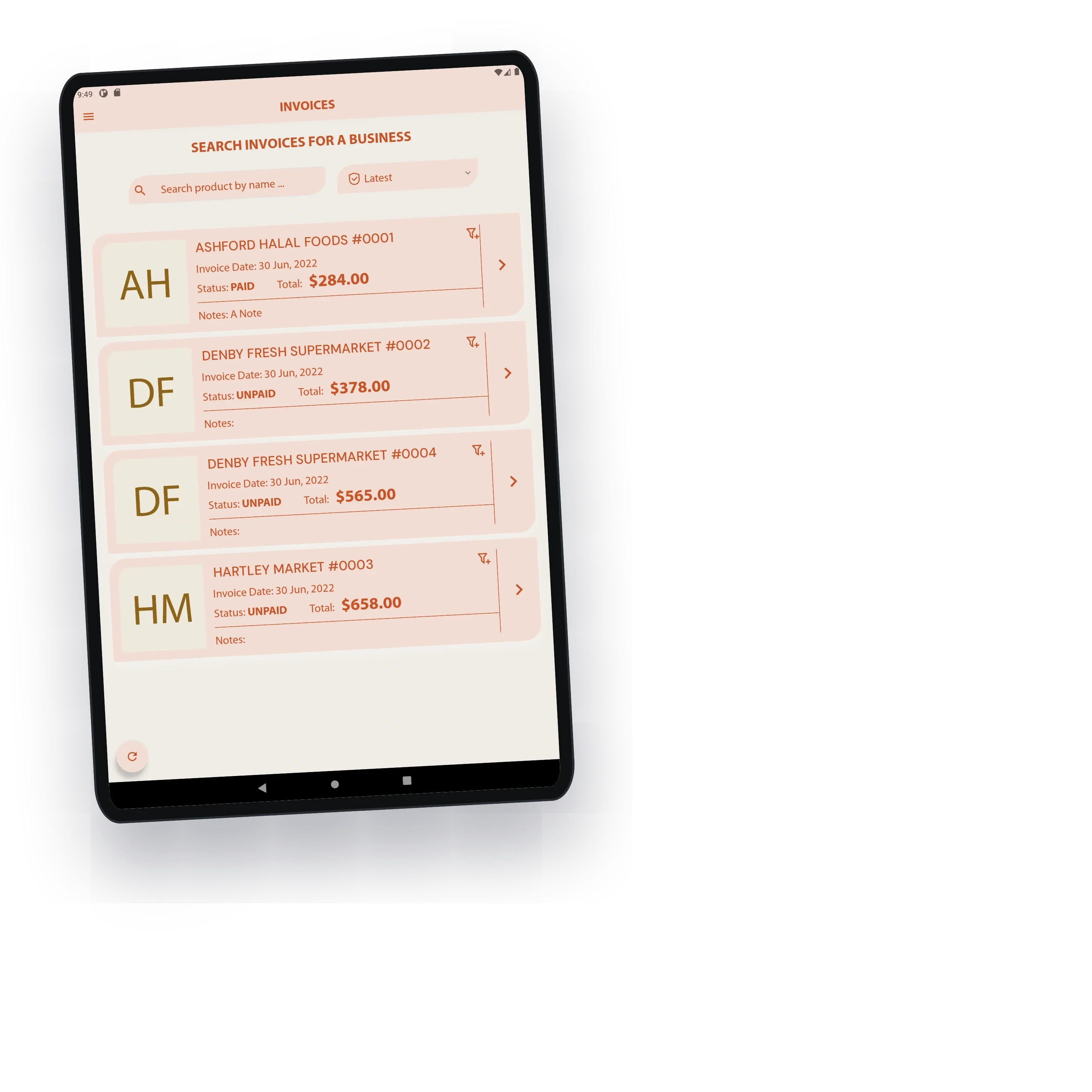 The invoice list: each shop, invoice number, date, total and paid or unpaid