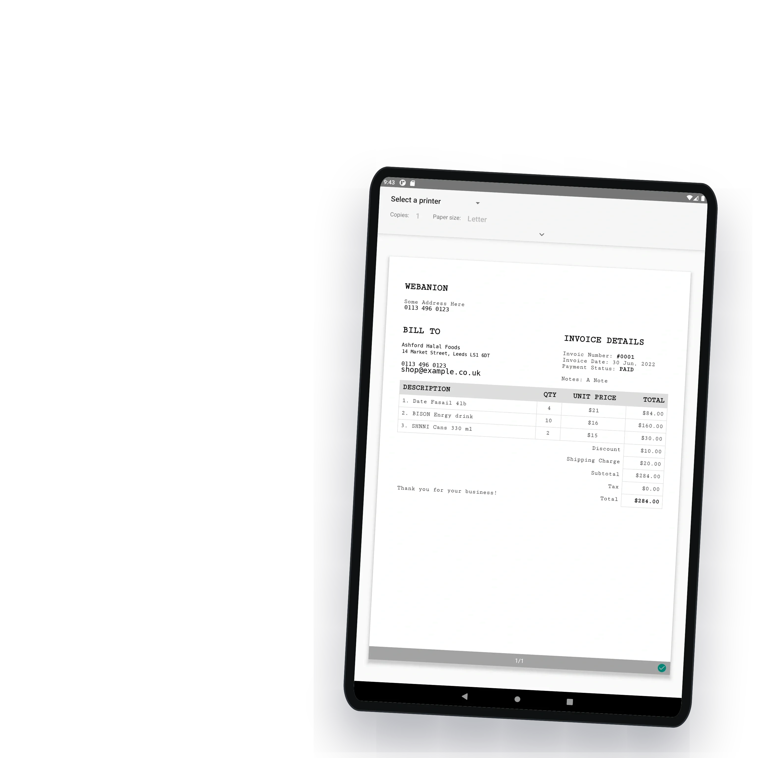 The invoice in the print preview, as the retailer receives it on paper