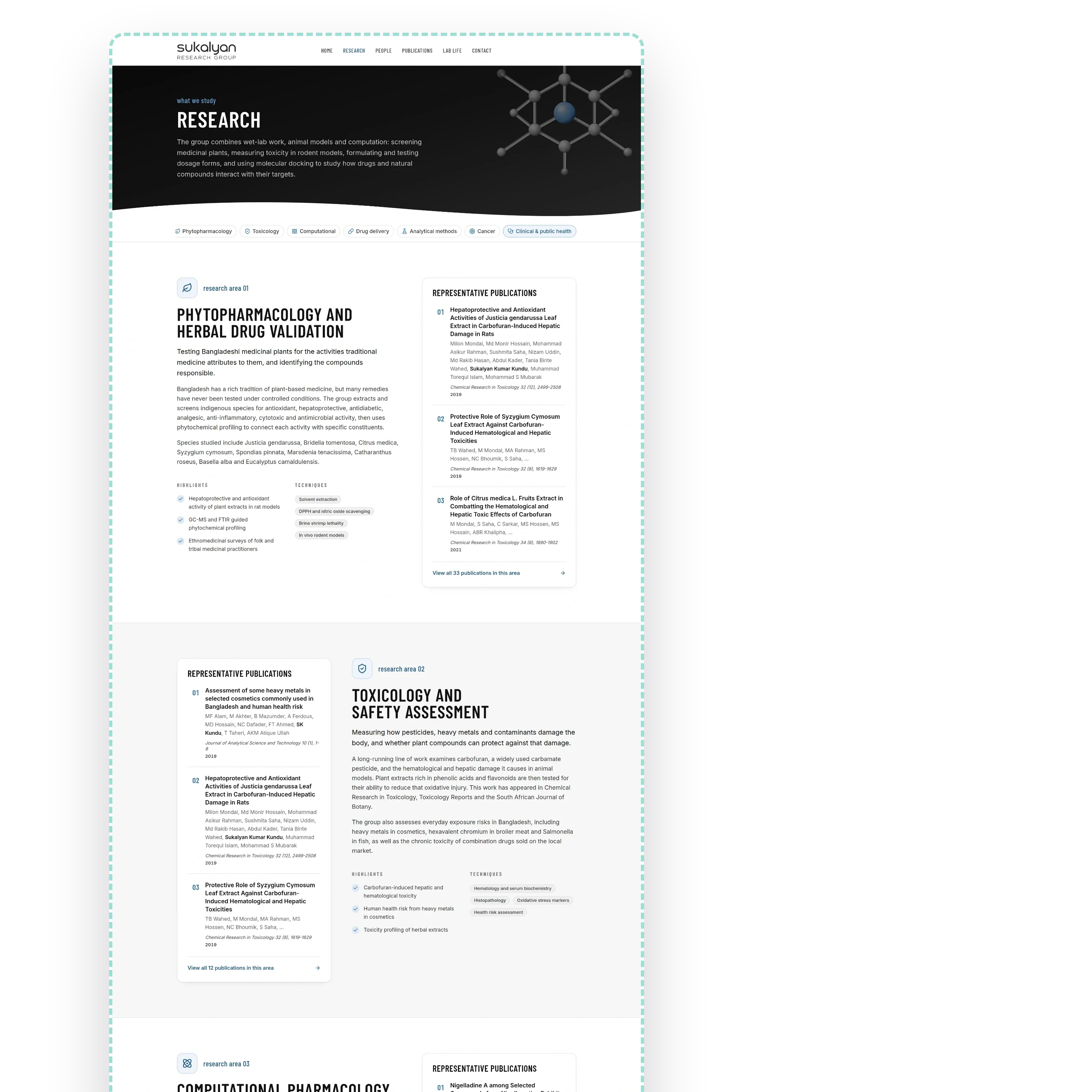 The research page: seven areas, each with its summary, highlights, techniques and three representative papers, then the methods band and the alumni wall