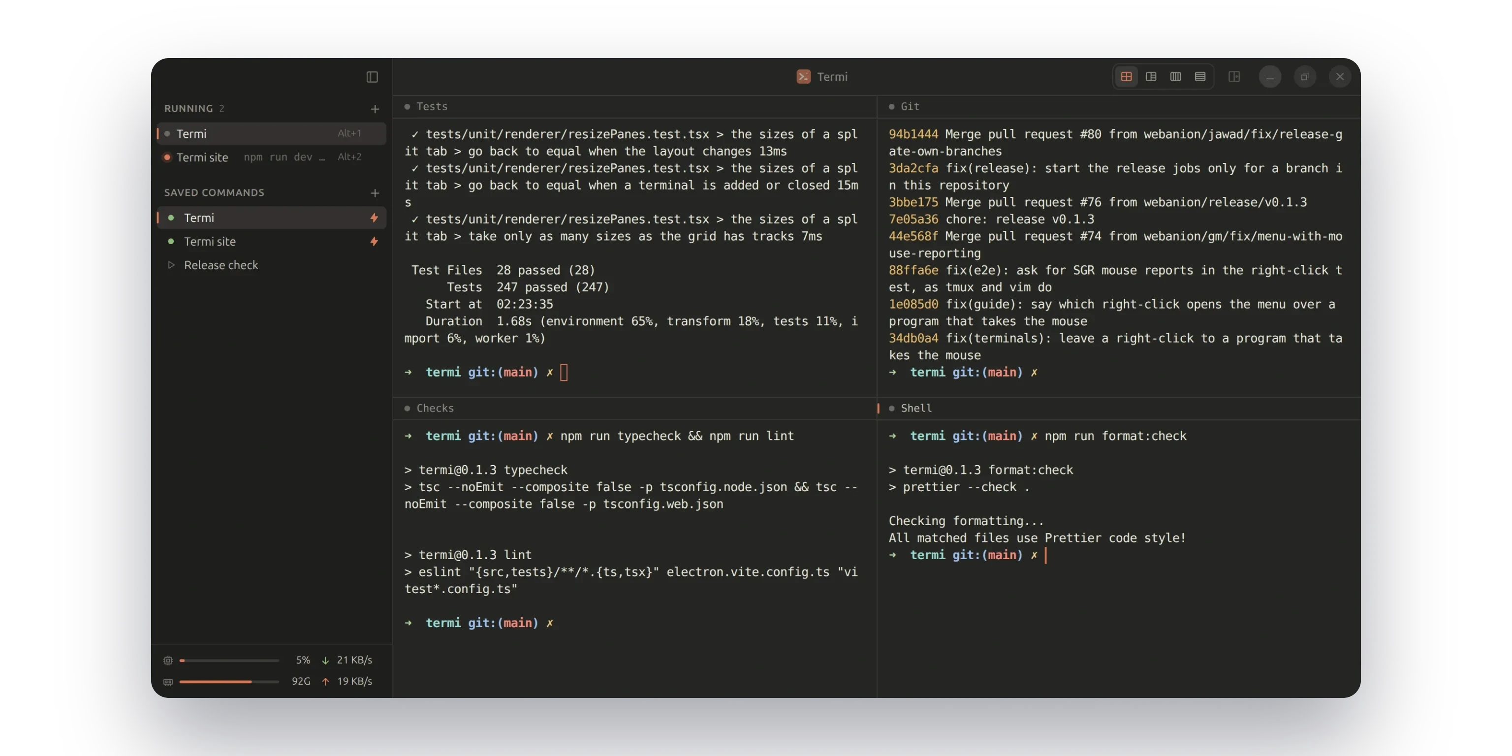 The Termi window: a saved command running the unit tests, the git log, the type and lint checks and a shell in a grid of four, the sidebar with the running tabs and saved commands, and CPU, memory and network at its foot