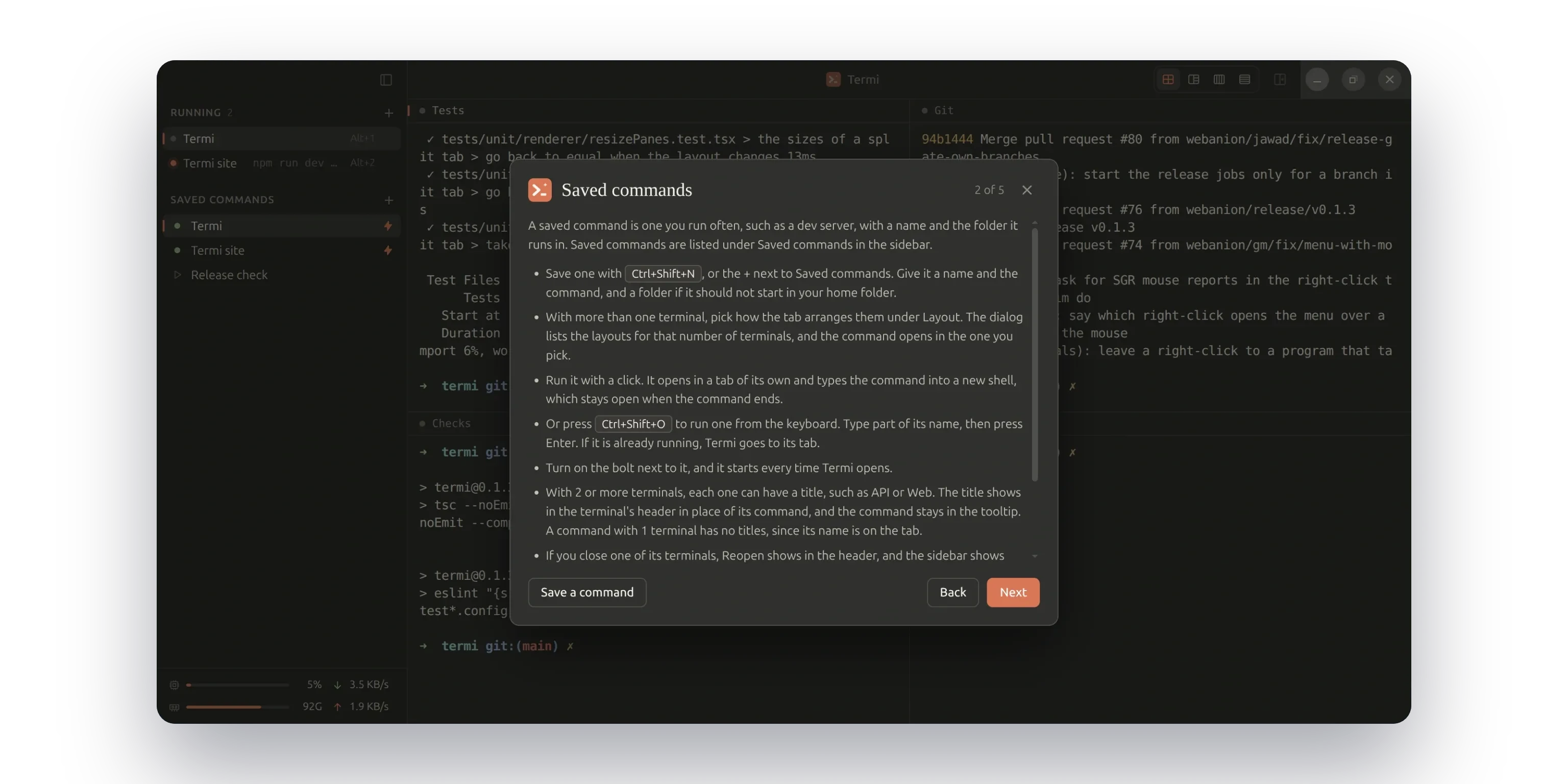 The built-in guide on its second page, Saved commands, over the running app: how to save one, pick its layout, run it, and reopen its terminals