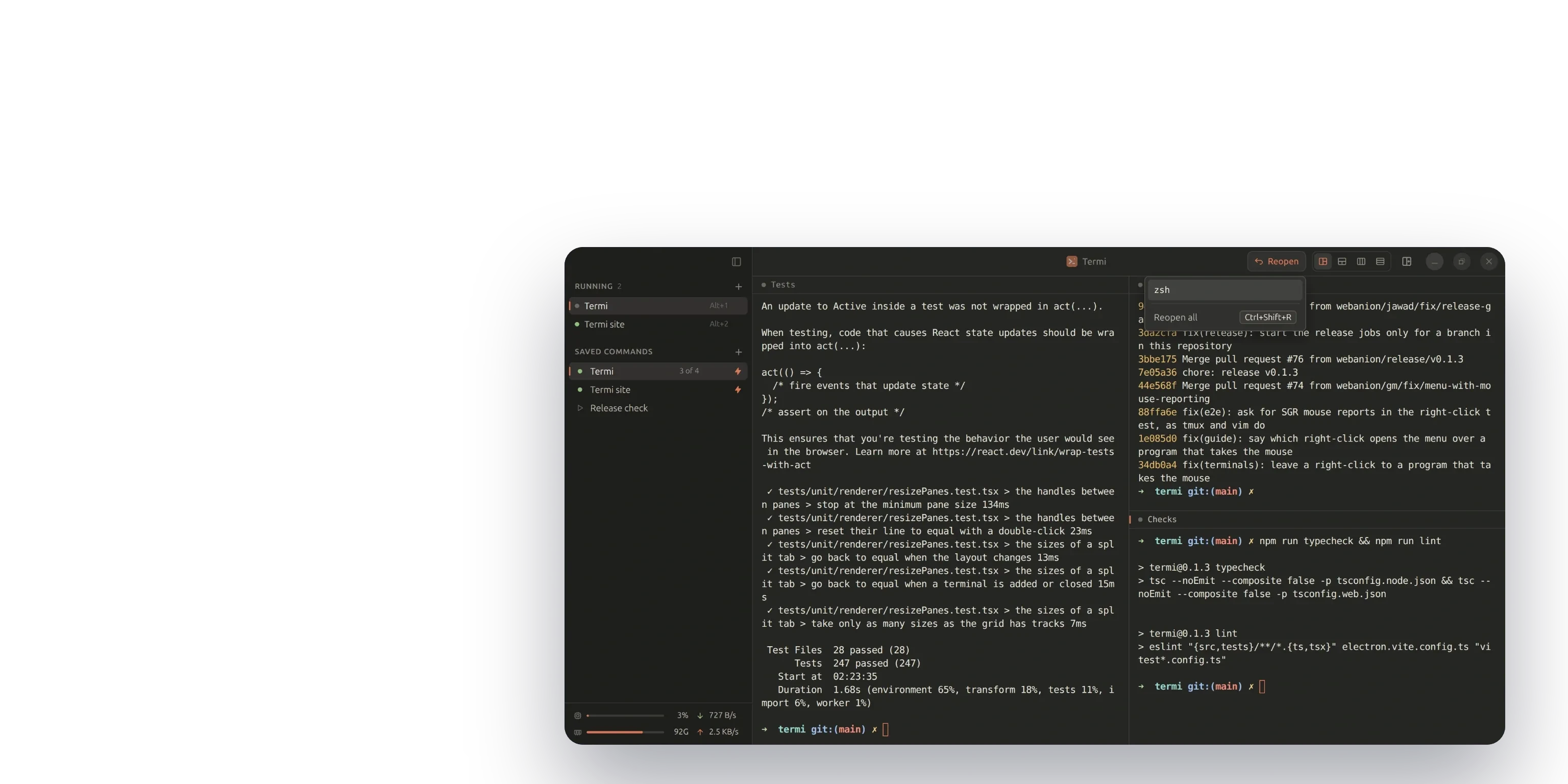The grid tab with one terminal closed: Reopen in the header lists the closed shell with Reopen all, and the sidebar counts 3 of 4