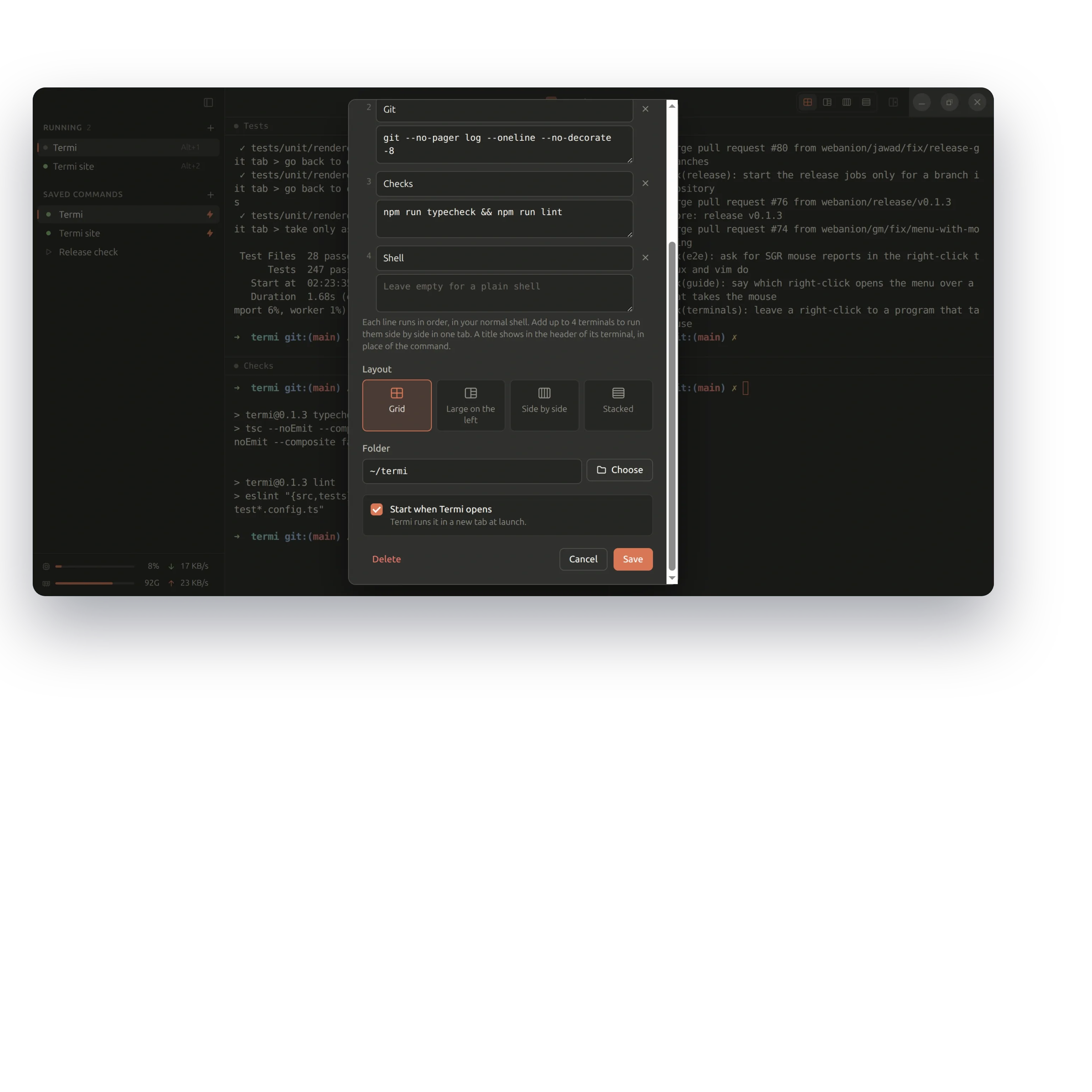 The edit dialog of a saved command: four commands with their titles, the layout picker with Grid chosen, the folder and Start when Termi opens