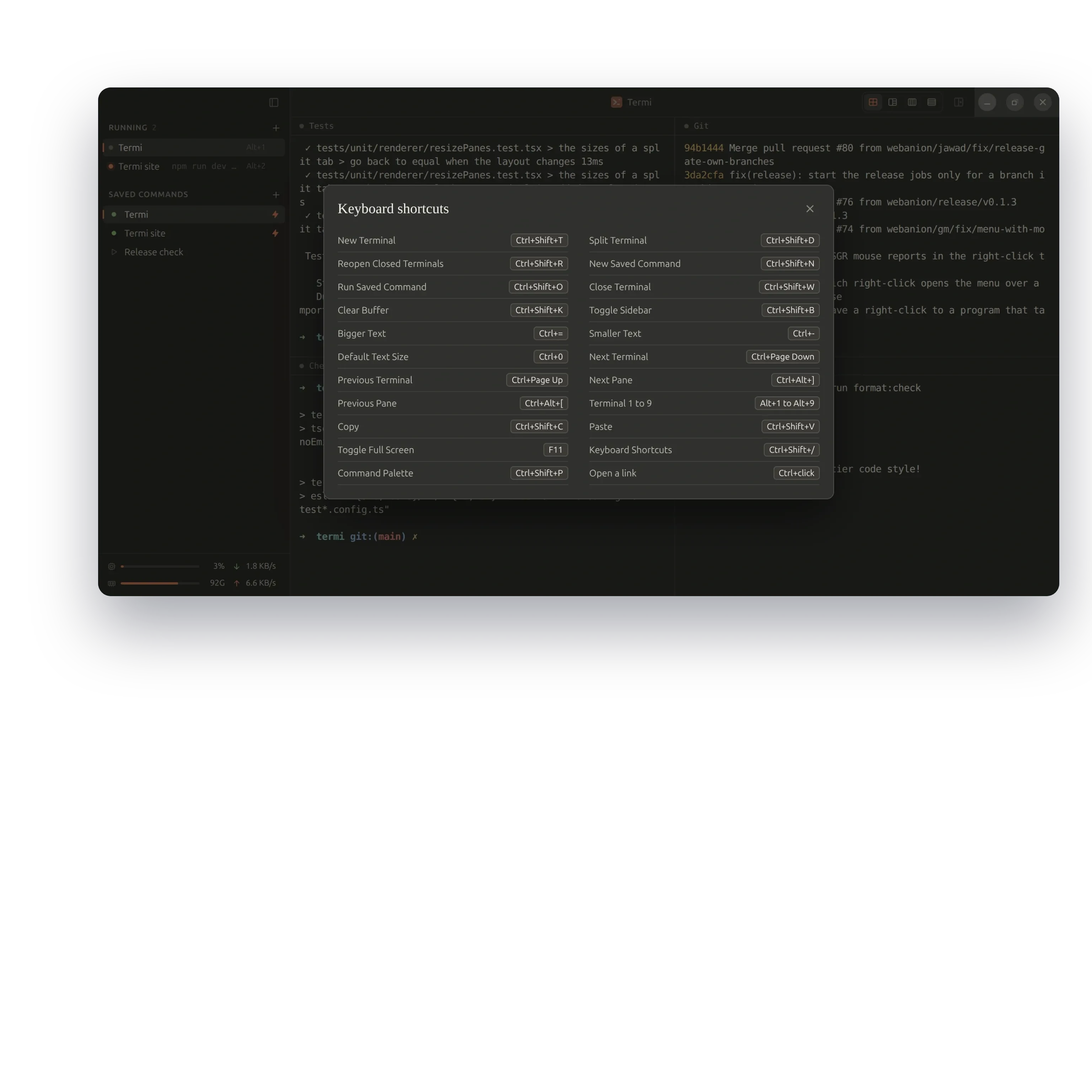 The keyboard shortcut sheet over the running app: every action with its Linux keys in two columns