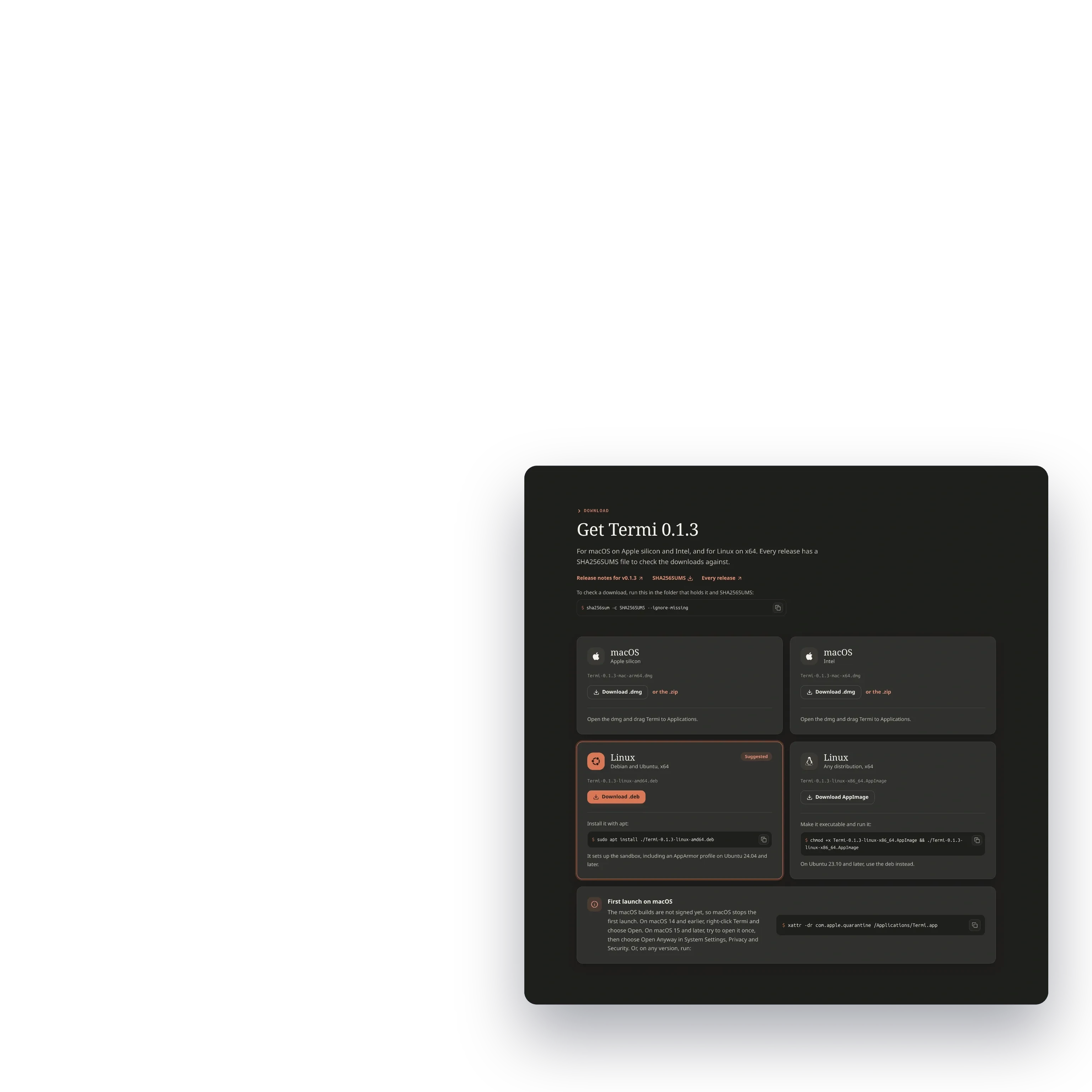 The download section of the site: the macOS builds for Apple silicon and Intel, the deb and the AppImage for Linux, each release with its checksums