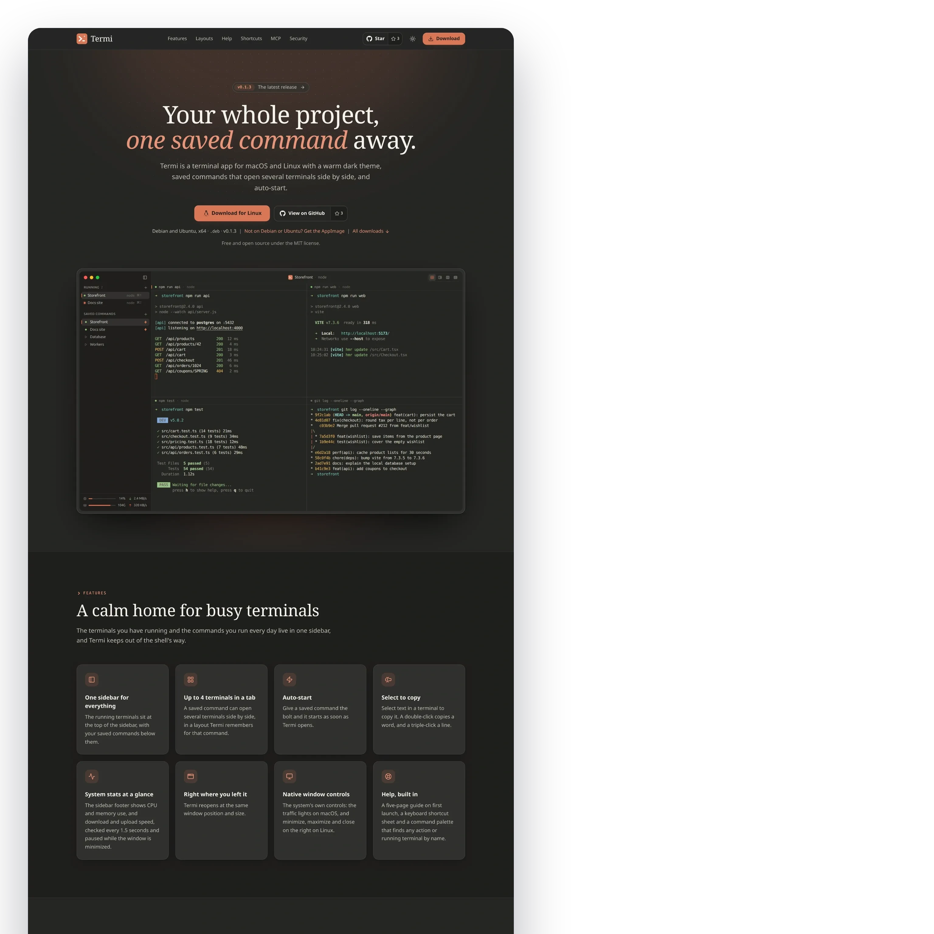 The whole product site in its dark theme: the hero, features, layouts, help, shortcuts, MCP, security, downloads and open source sections