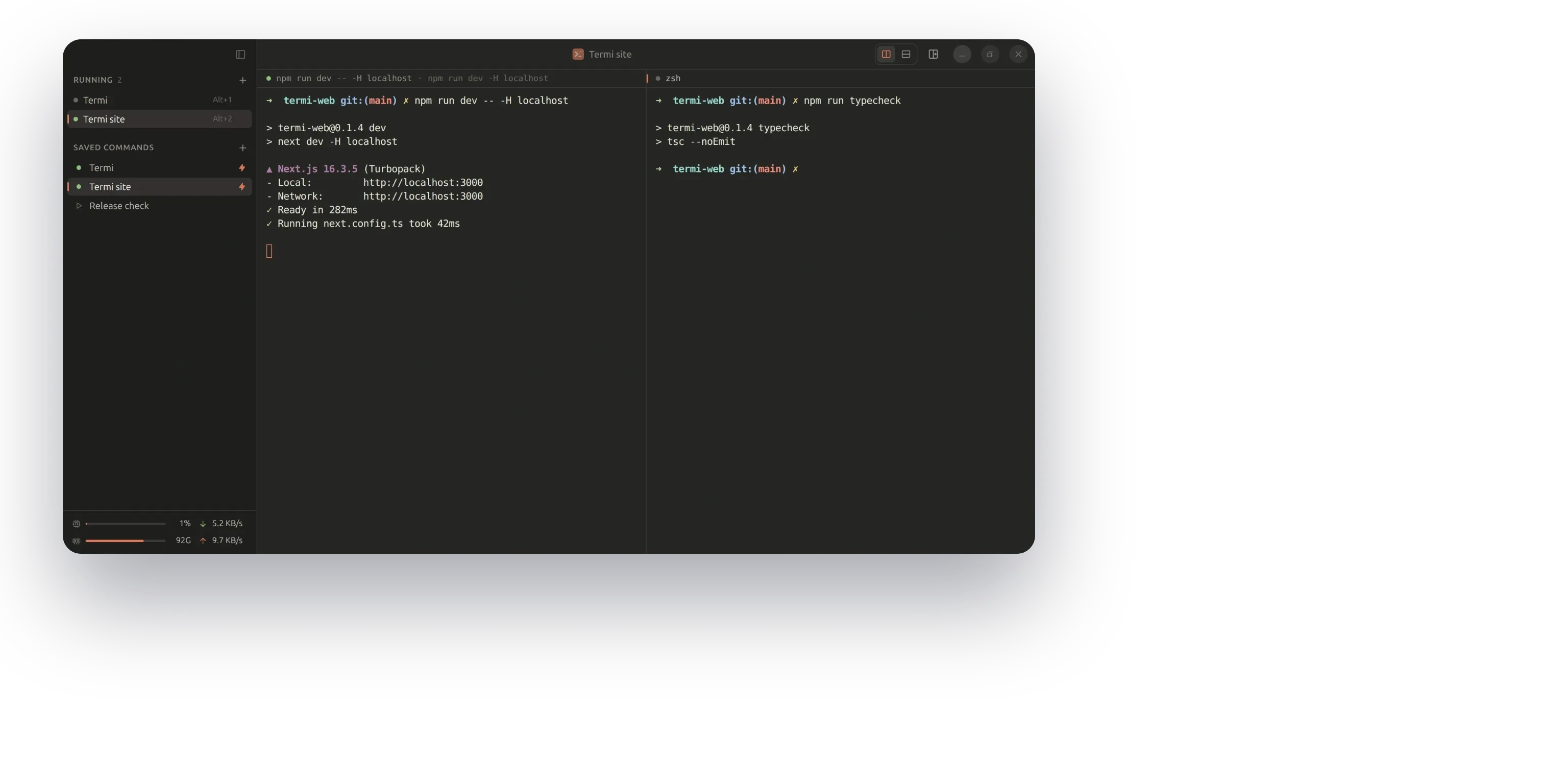 A split tab: the product site dev server on the left and a typecheck in the shell that split added on the right