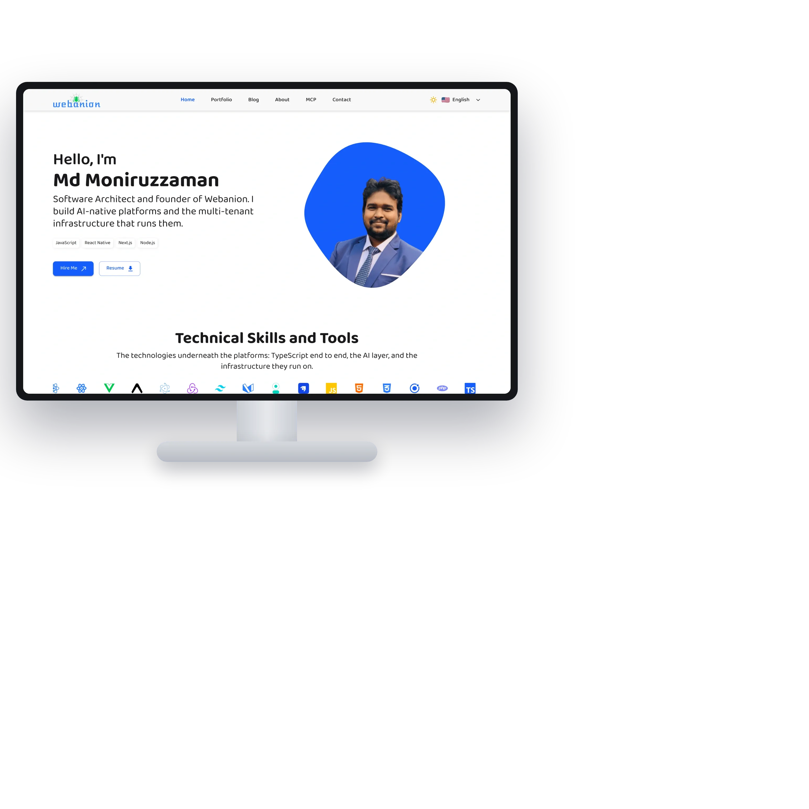 The live home page in English, the primary language, on a desktop monitor