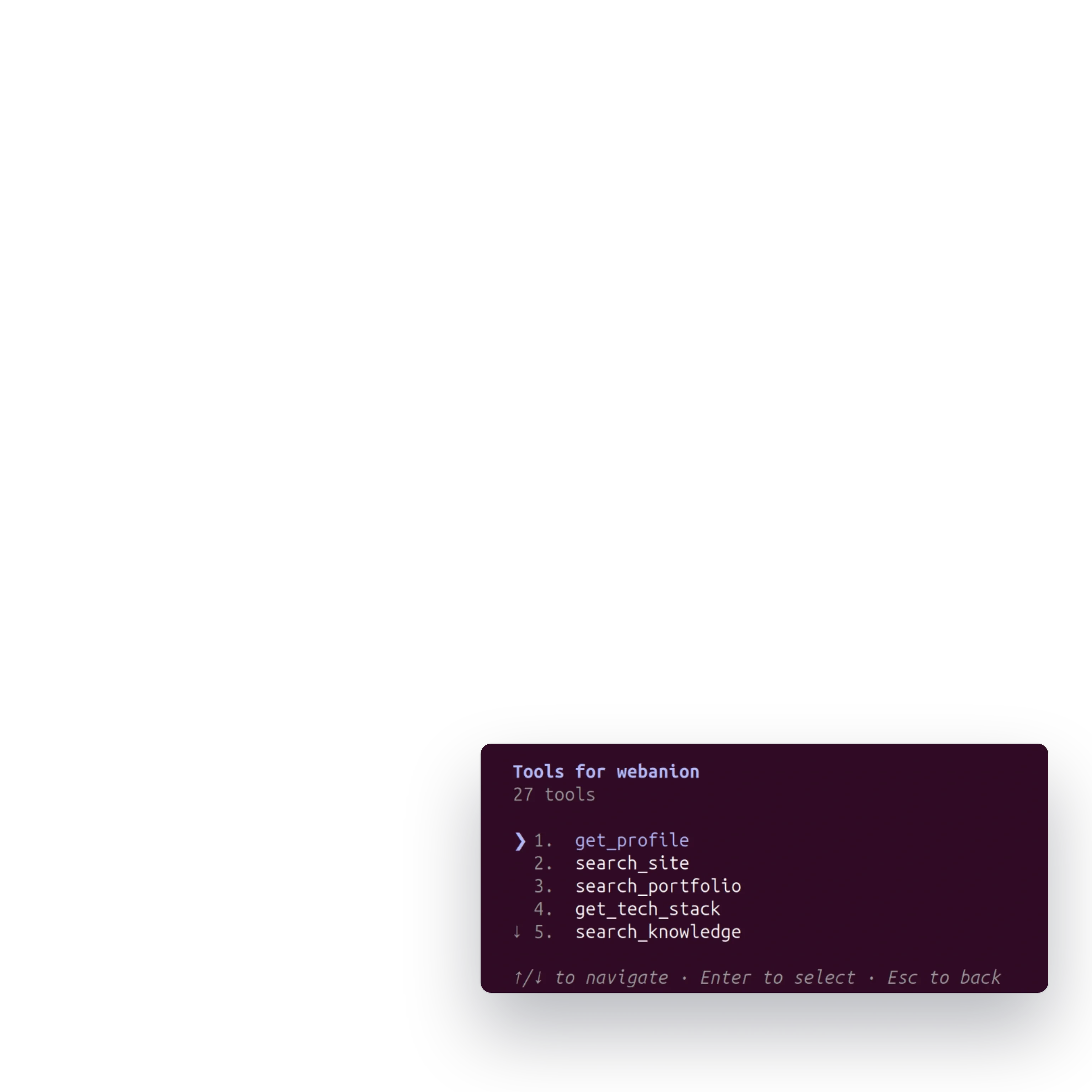 An AI assistant connected to the Webanion MCP server, listing its 27 tools