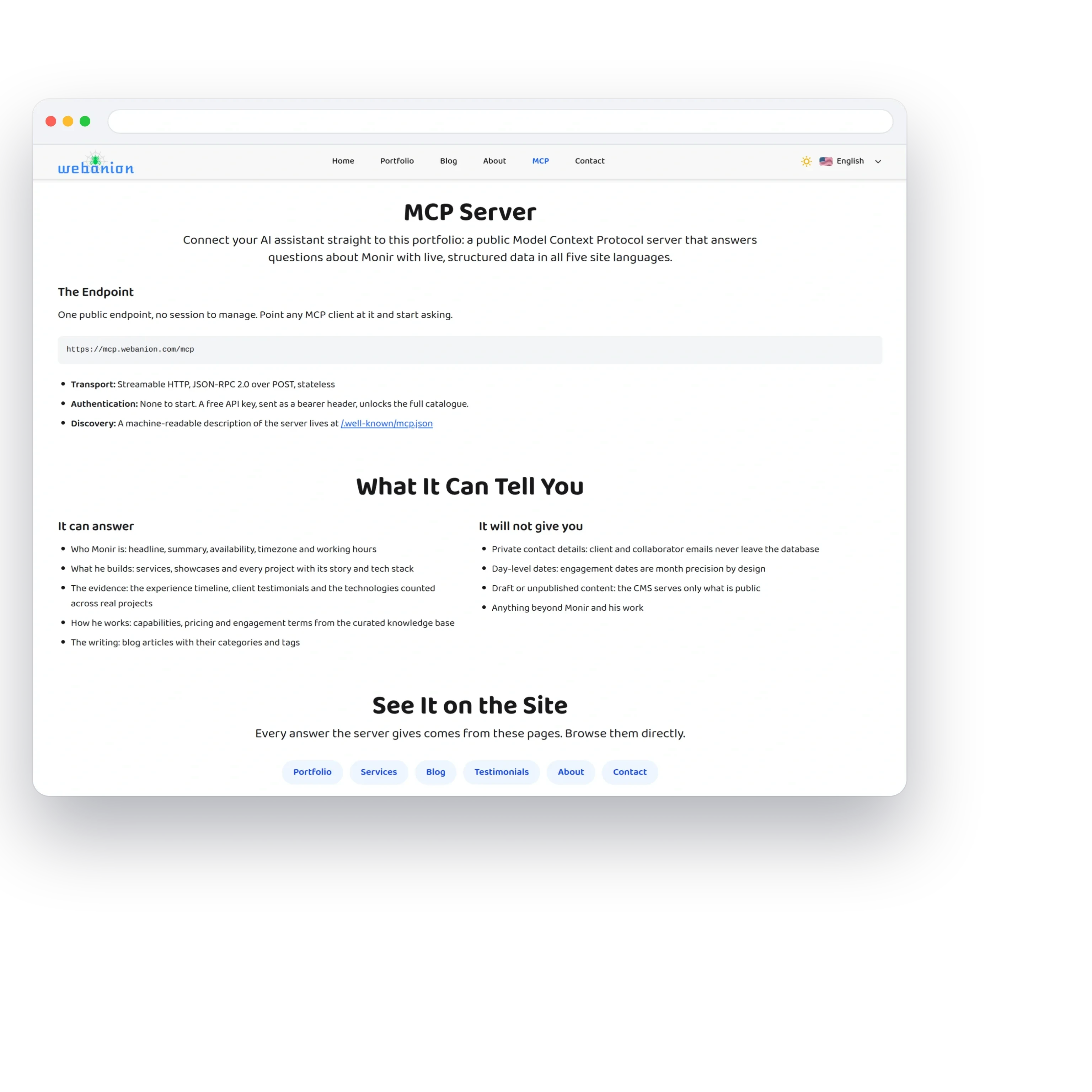 The live MCP page on webanion.com: one public endpoint, what an assistant can ask and what it will never be given