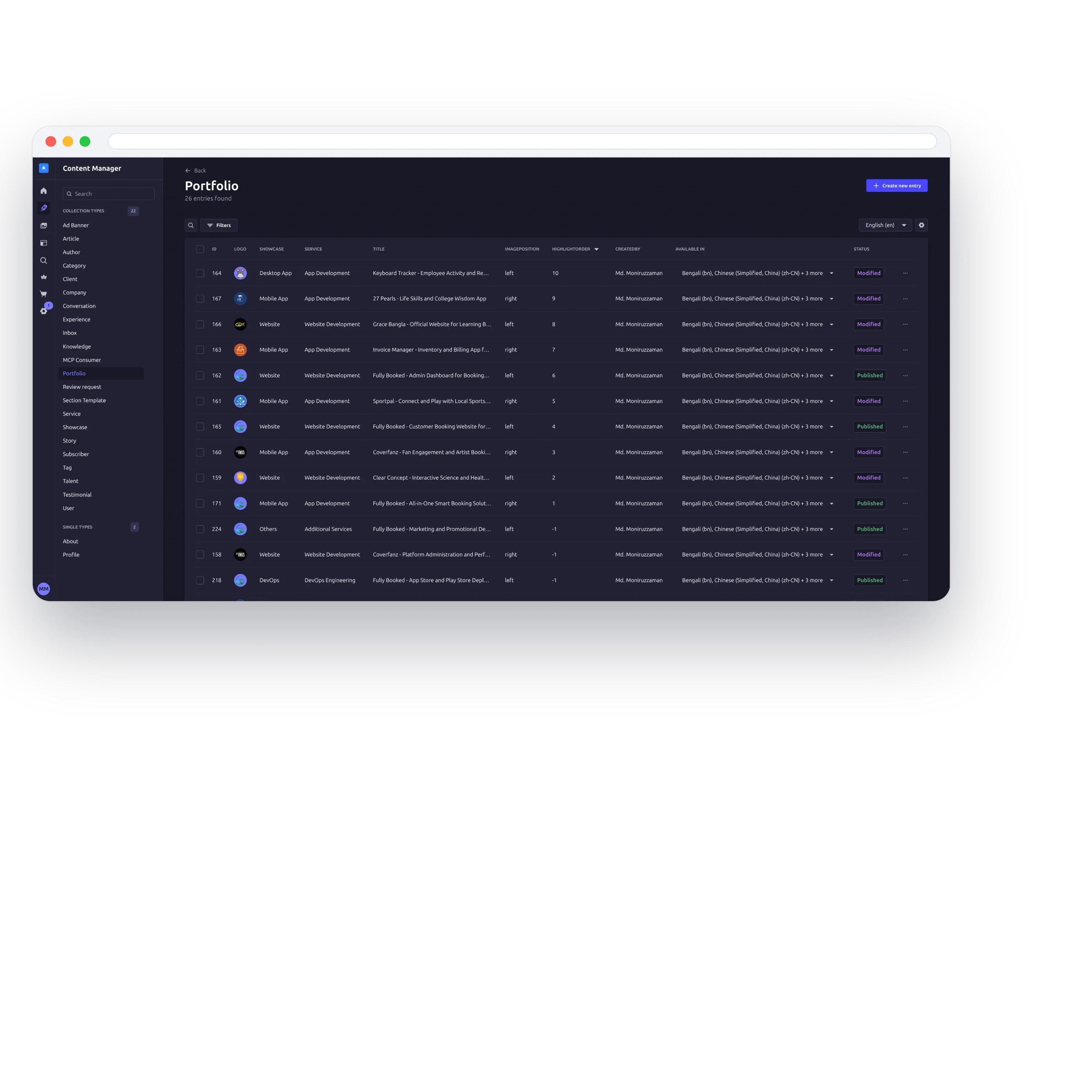 The Strapi admin behind the site: every portfolio record with its showcase, service and five language versions