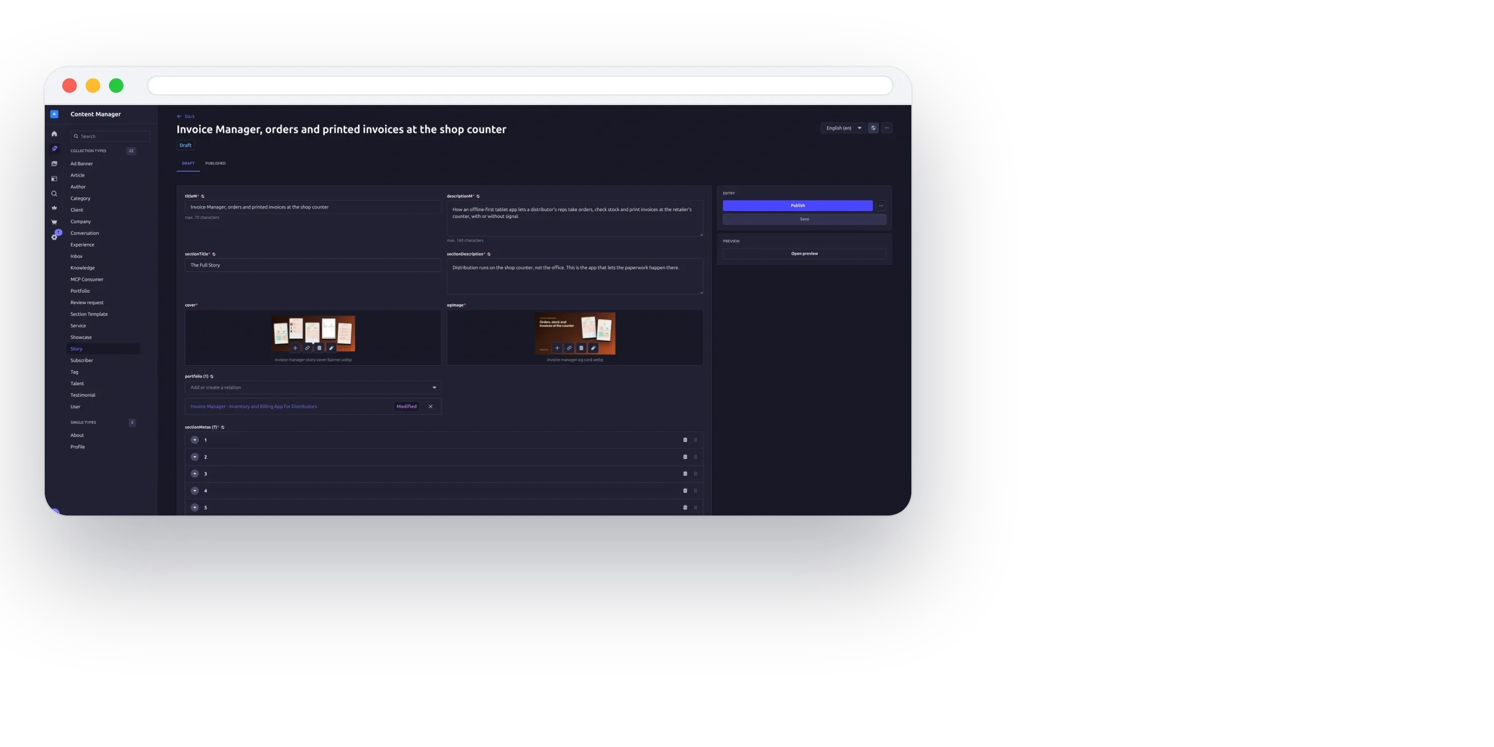 The Invoice Manager story open as a draft in the Strapi admin, with Publish and Open preview