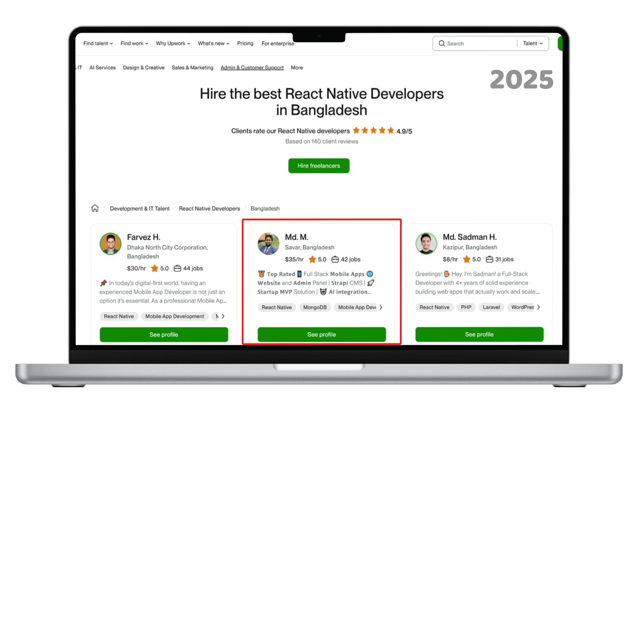 Upwork's 2025 page Hire the best React Native Developers in Bangladesh, with the Md. M. profile listed second