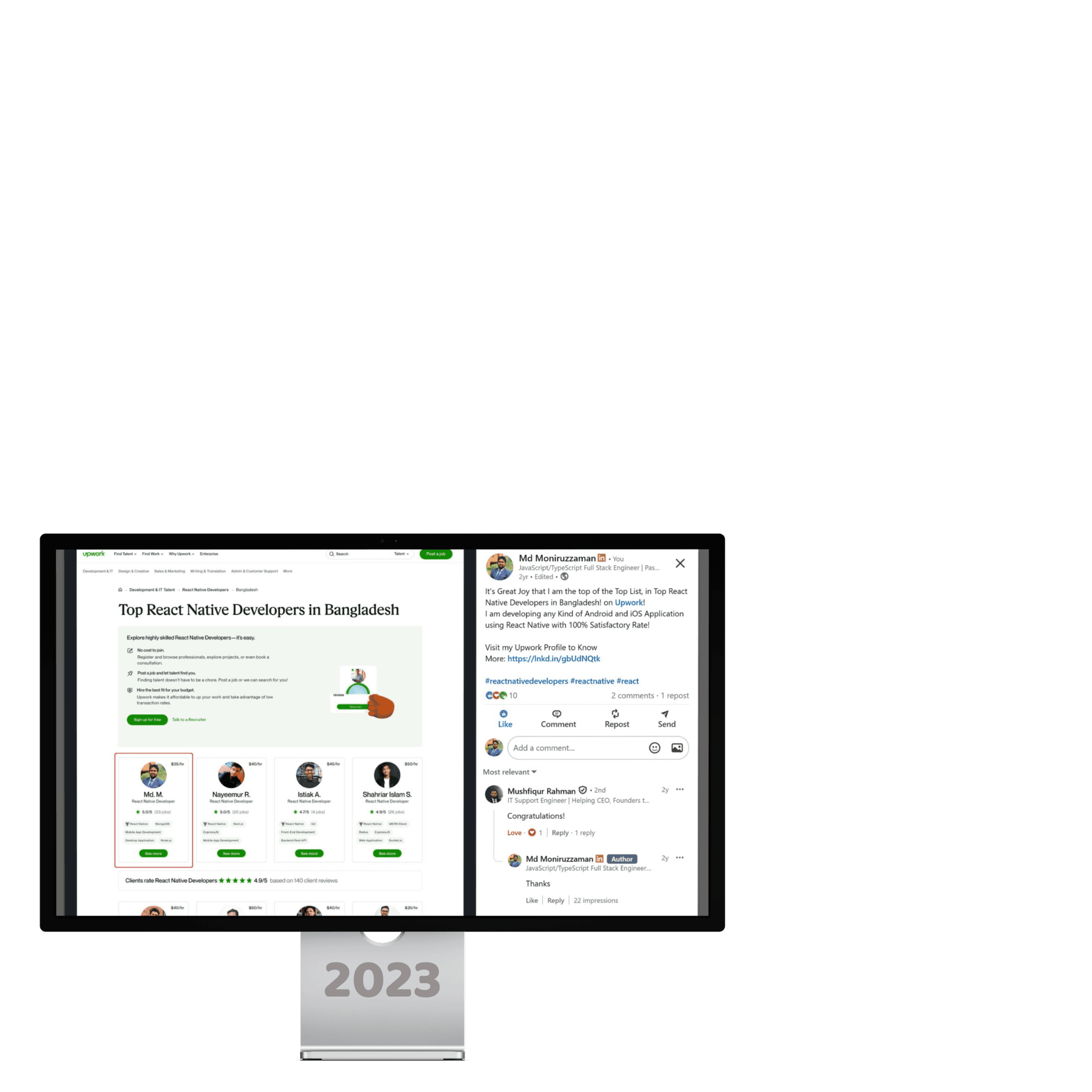 Upwork's 2023 list Top React Native Developers in Bangladesh with the Md. M. profile first, beside the LinkedIn post that shared it