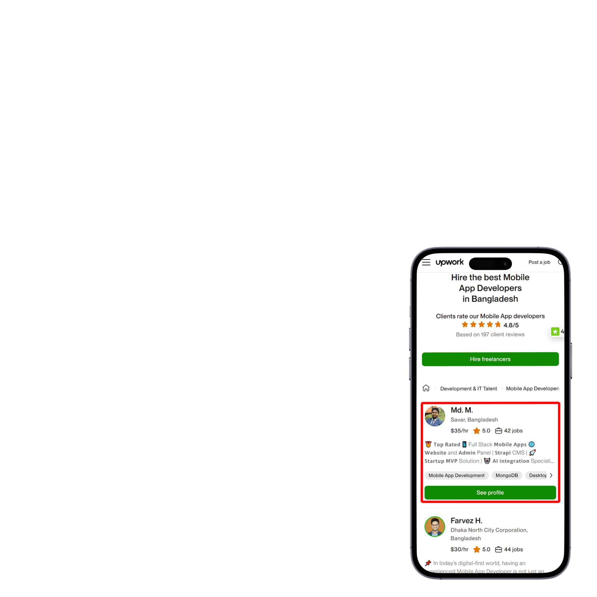 Upwork's 2025 page Hire the best Mobile App Developers in Bangladesh on a phone, featuring the Md. M. profile