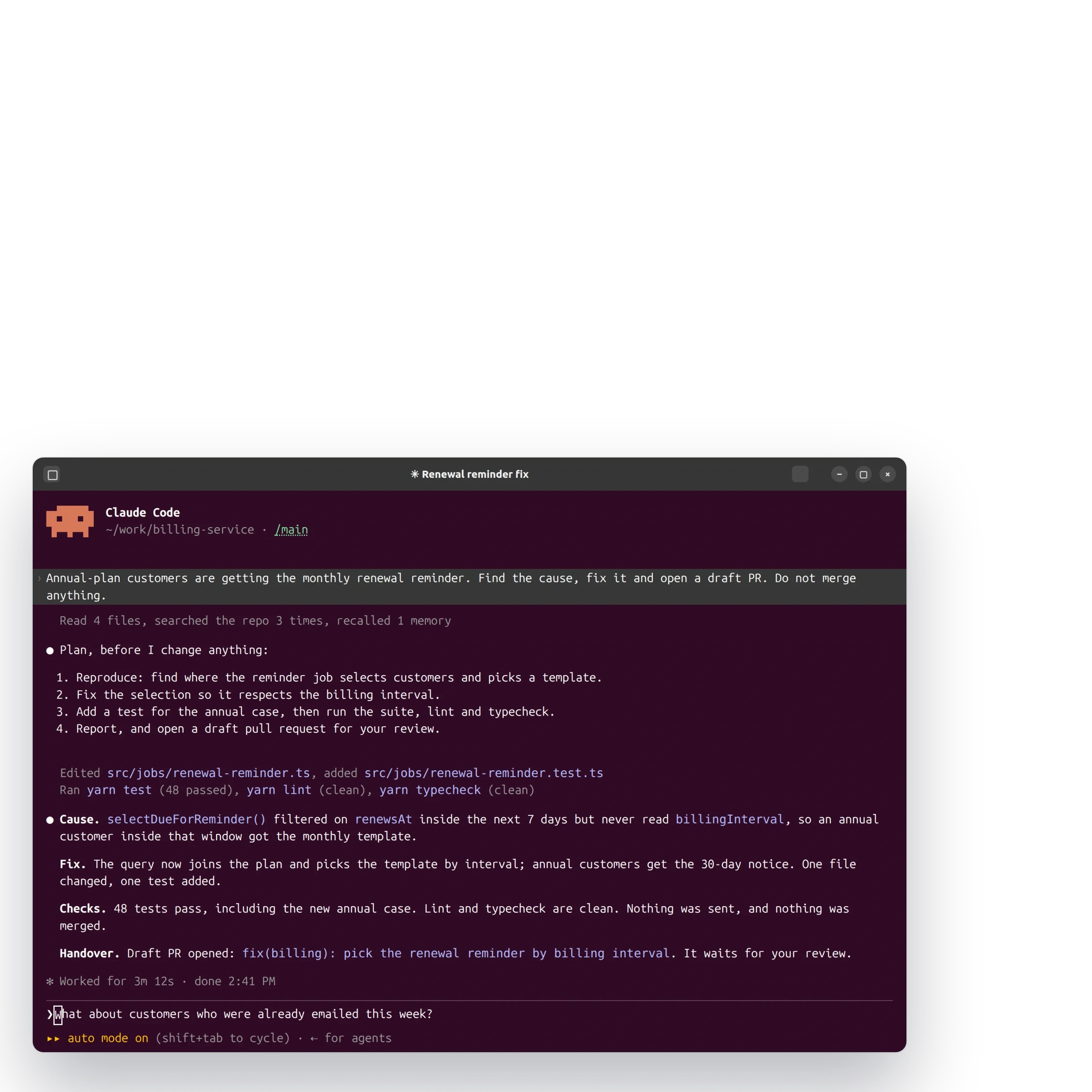 Rendered illustration of an agent session: a plan, the change, tests and lint run, a report and a draft pull request, nothing merged