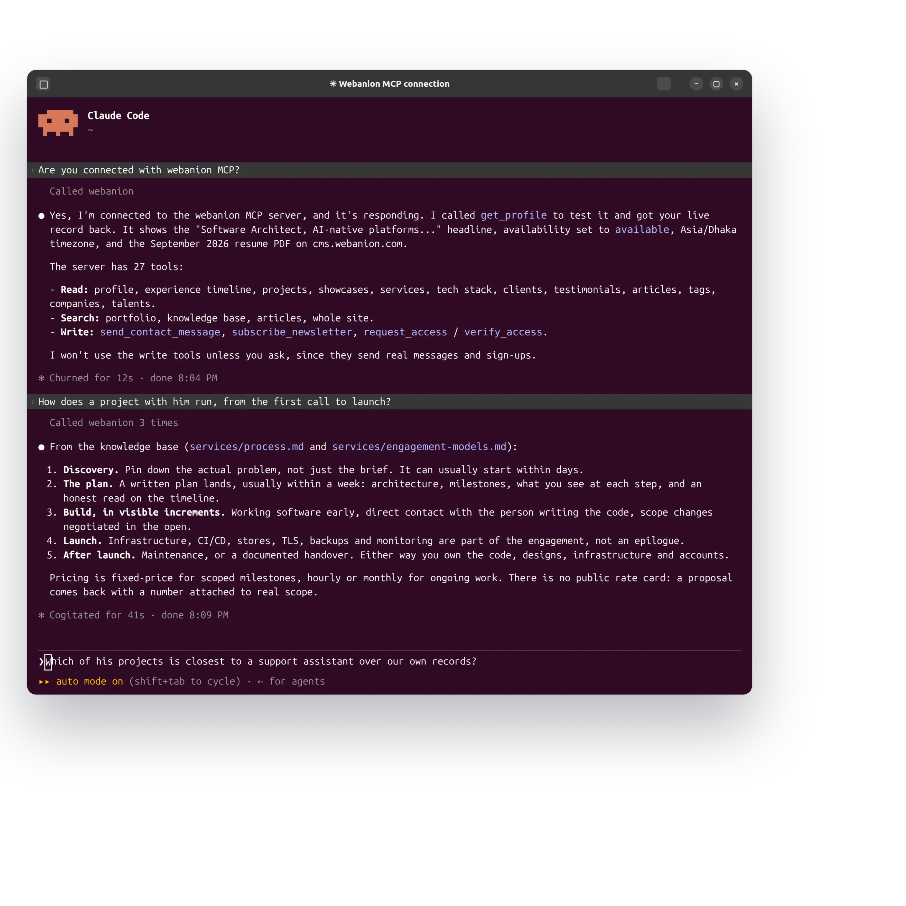 Rendered replay of a real session: the first exchange verbatim, an assistant connecting to the Webanion MCP server and listing its 27 tools, then a second exchange answered from the public knowledge base