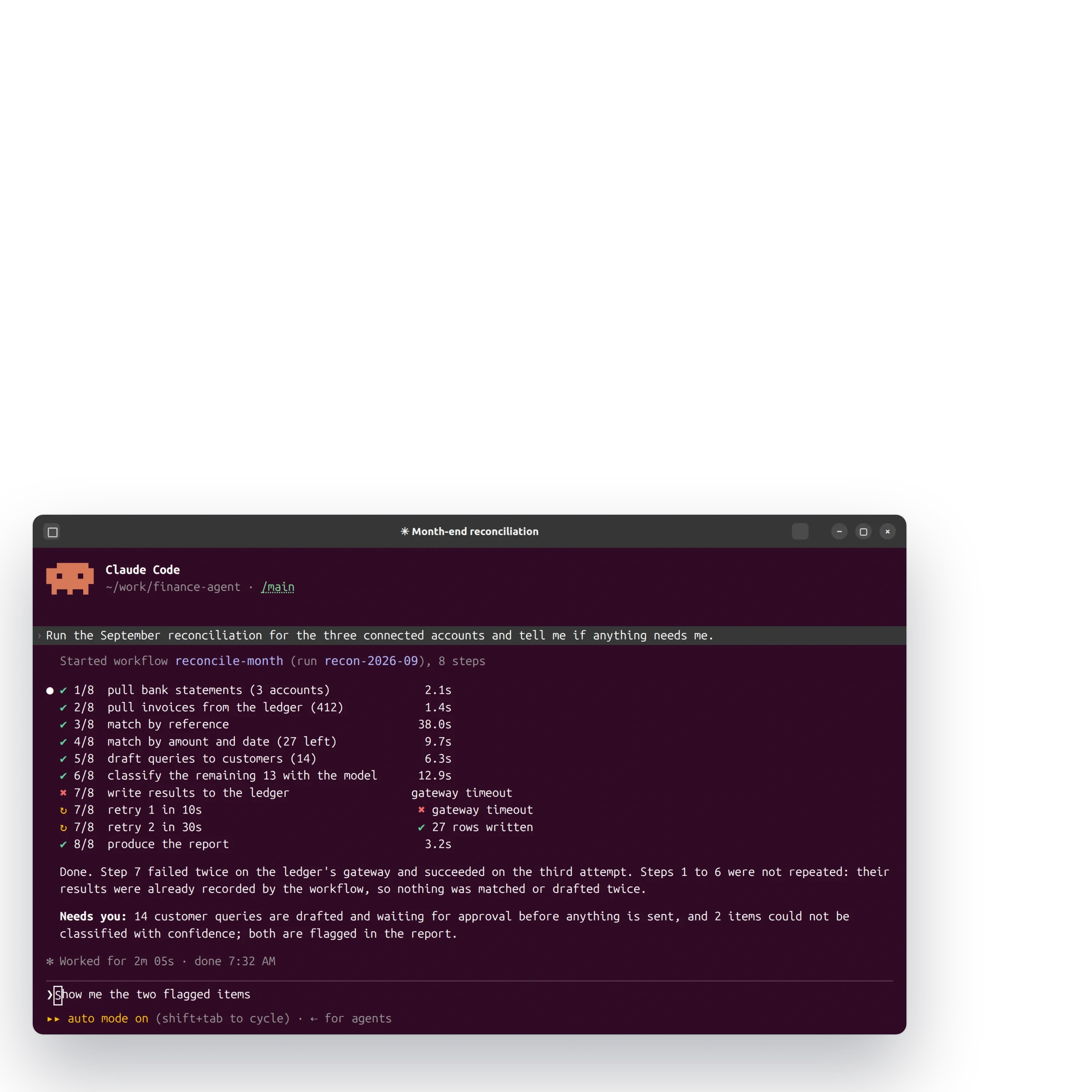 Rendered illustration of a workflow run: a reconciliation where step seven fails twice, retries and completes without repeating steps one to six