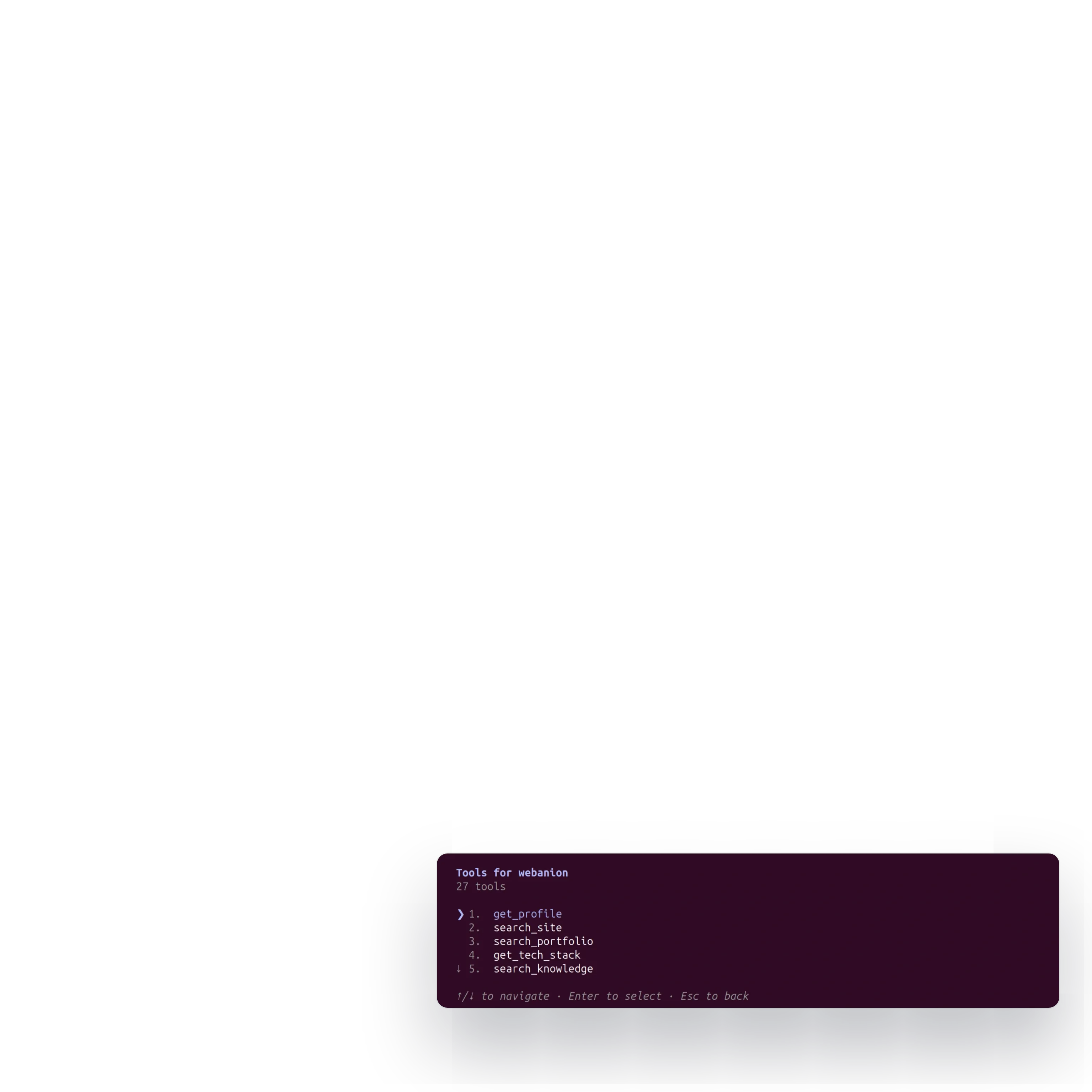 The real tool picker in the assistant: twenty-seven tools for the Webanion MCP server
