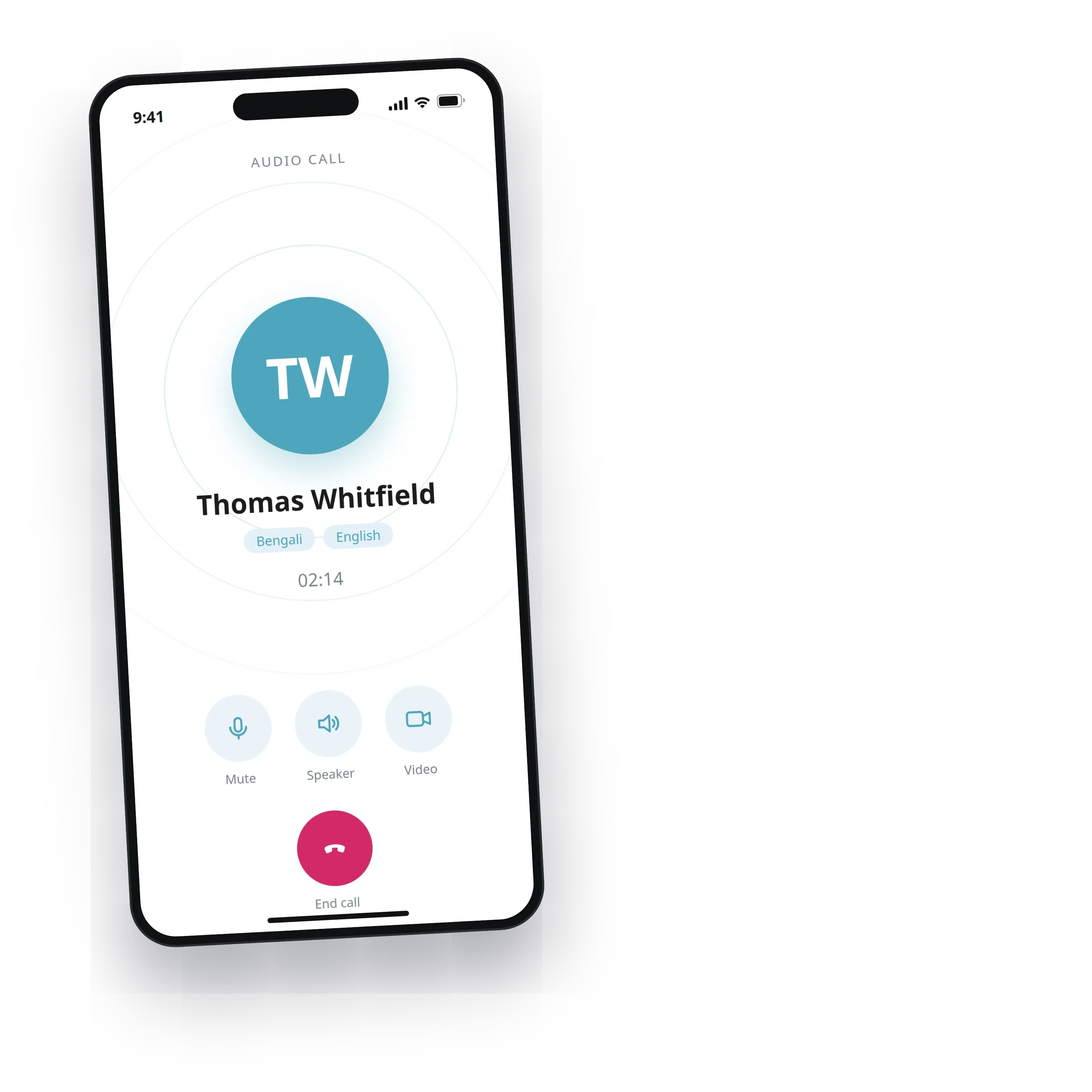 An audio call with a helper in the final theme: languages shared, mute, speaker, video and end call