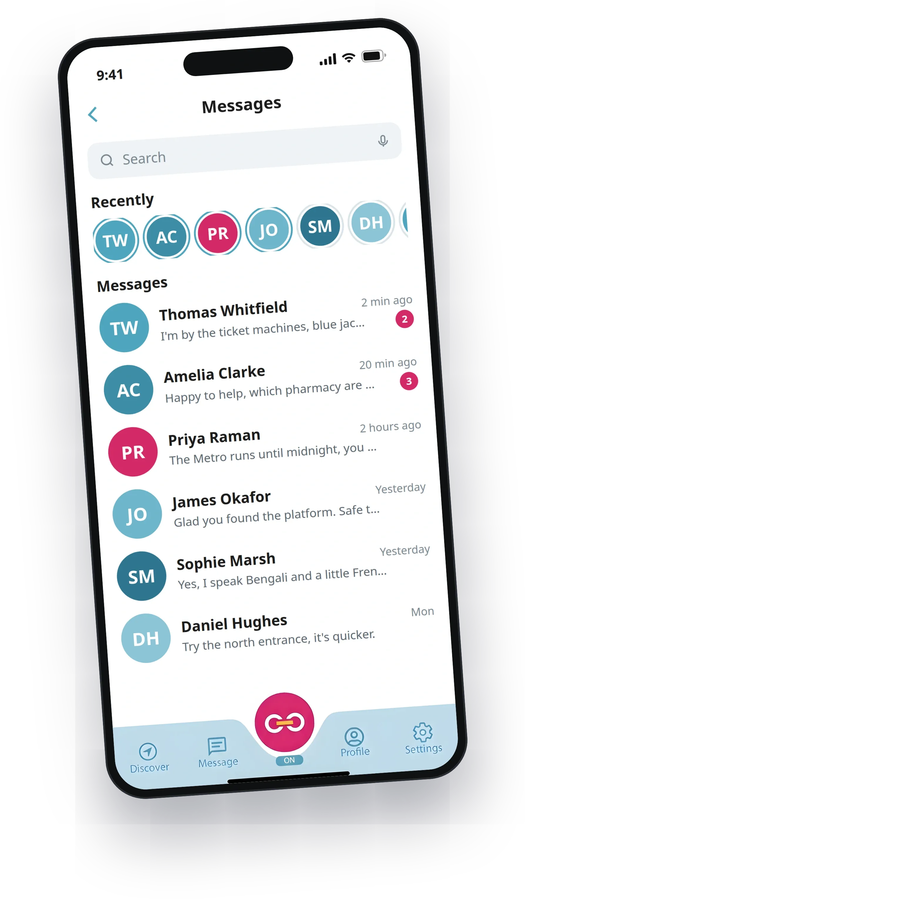 The Messages inbox in the final theme with the real tab bar: recent helpers, conversations with unread counts, re-themed from the Figma design