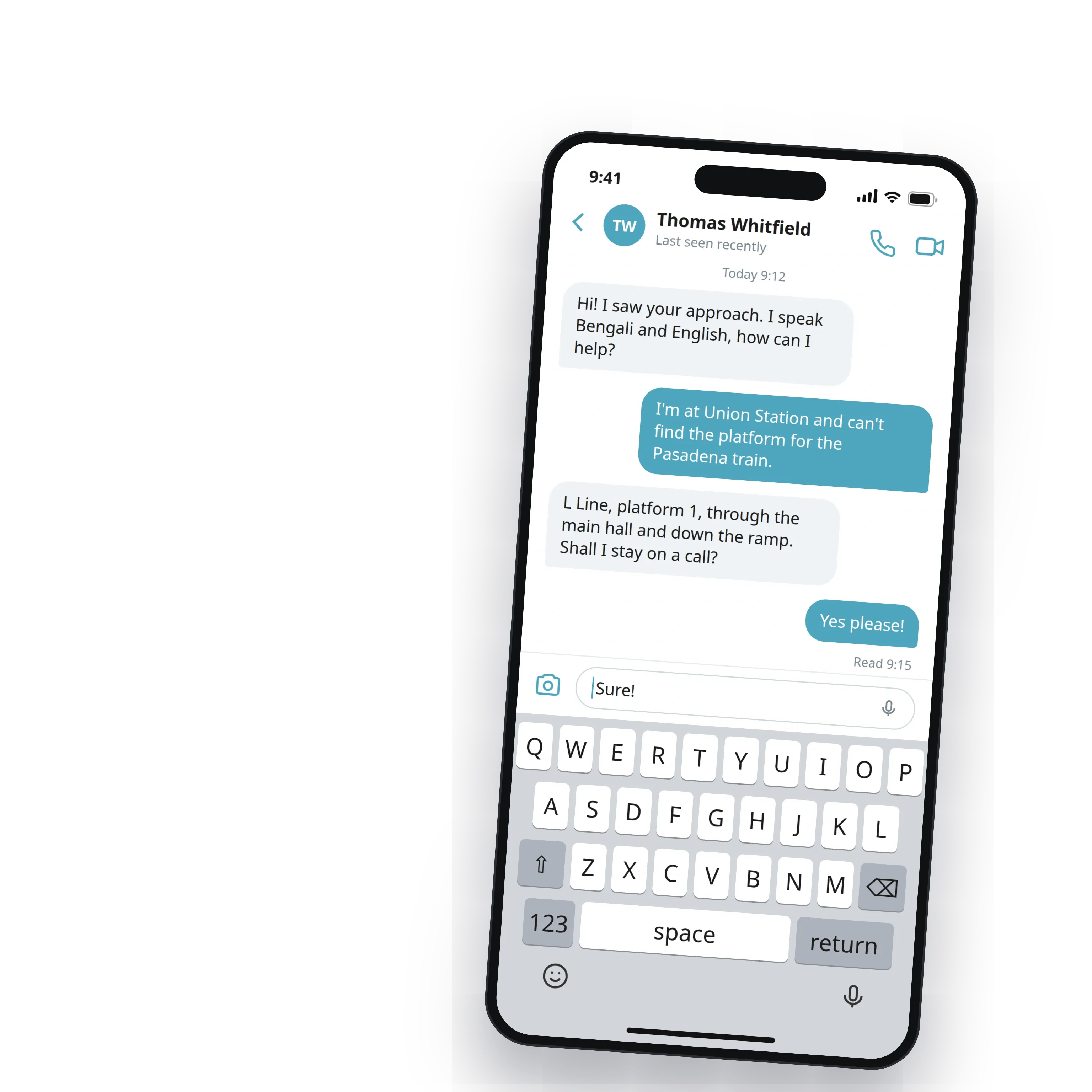 A chat with a helper in the final theme, audio and video call buttons in the header, re-themed from the Figma design