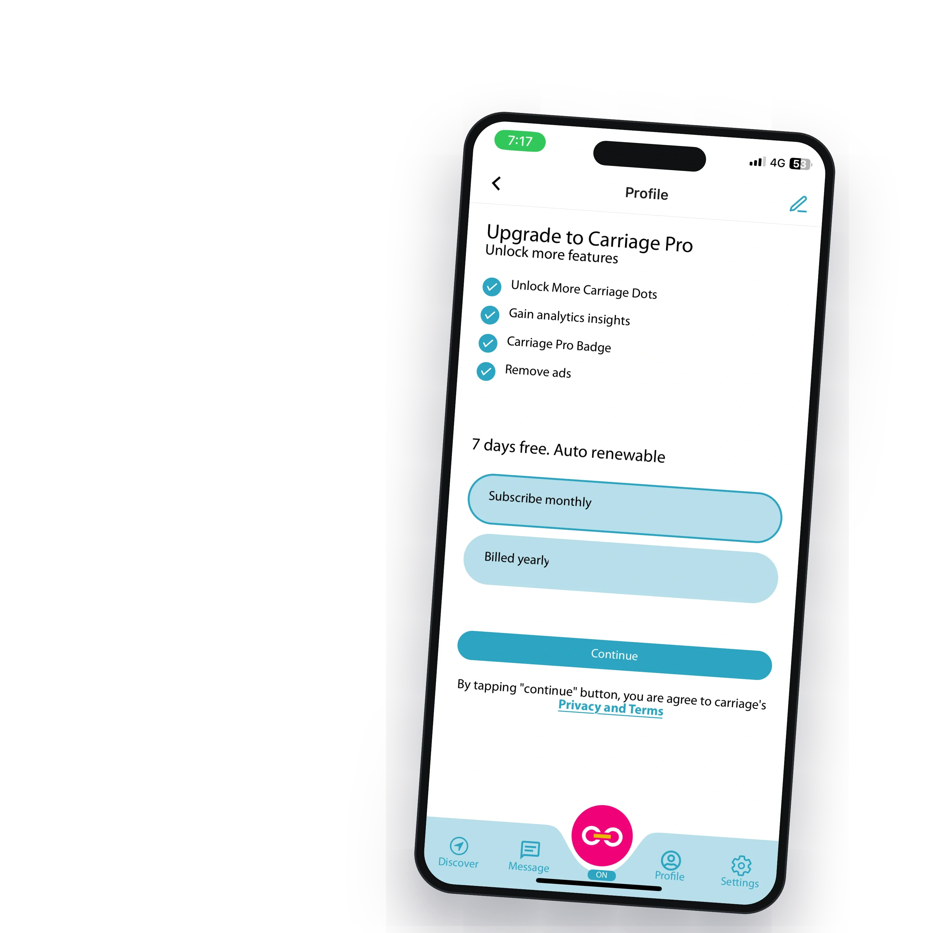 Upgrade to Carriage Pro: more dots, analytics, a Pro badge and no ads, with a free trial